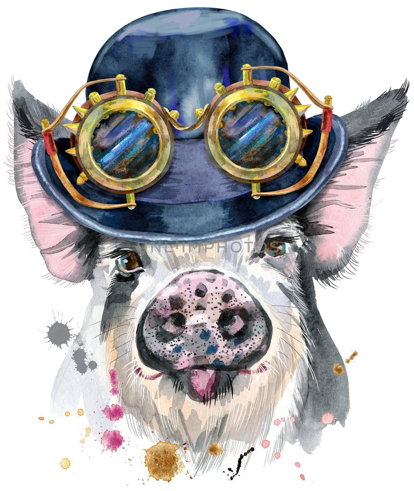Watercolor portrait of pig with hat bowler and steampunk glasses by NataOmsk