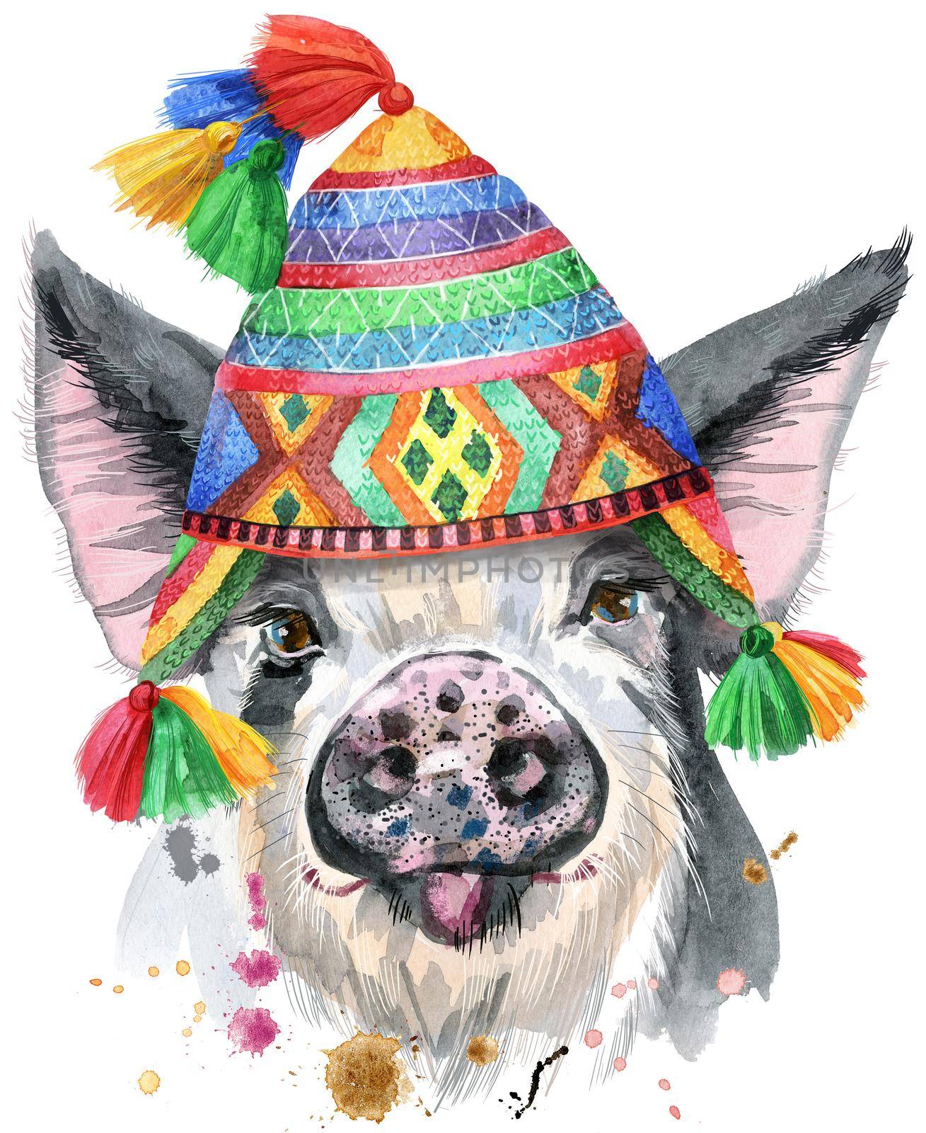 Cute piggy in chullo hat. Pig for T-shirt graphics. Watercolor pig in black spots illustration