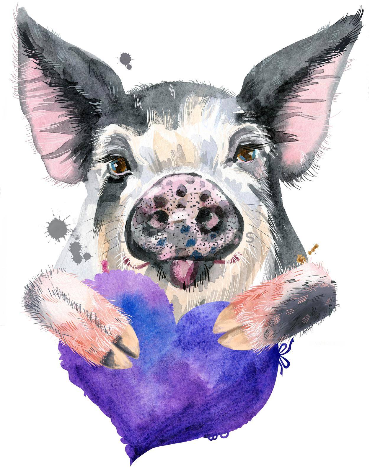 Cute piggy. Pig for T-shirt graphics. Watercolor pig in black spots with violet heart.