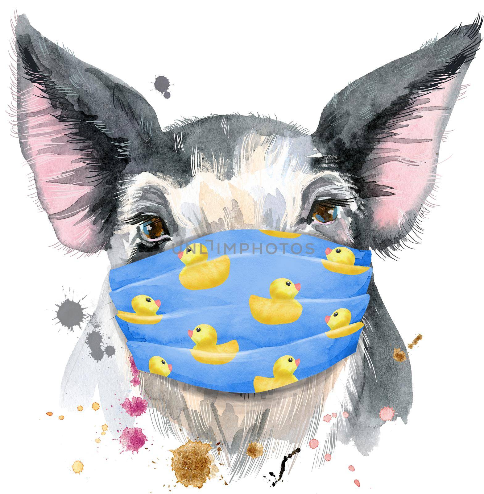 Cute piggy in face medical mask. Pig for T-shirt graphics. Watercolor pig in black spots illustration