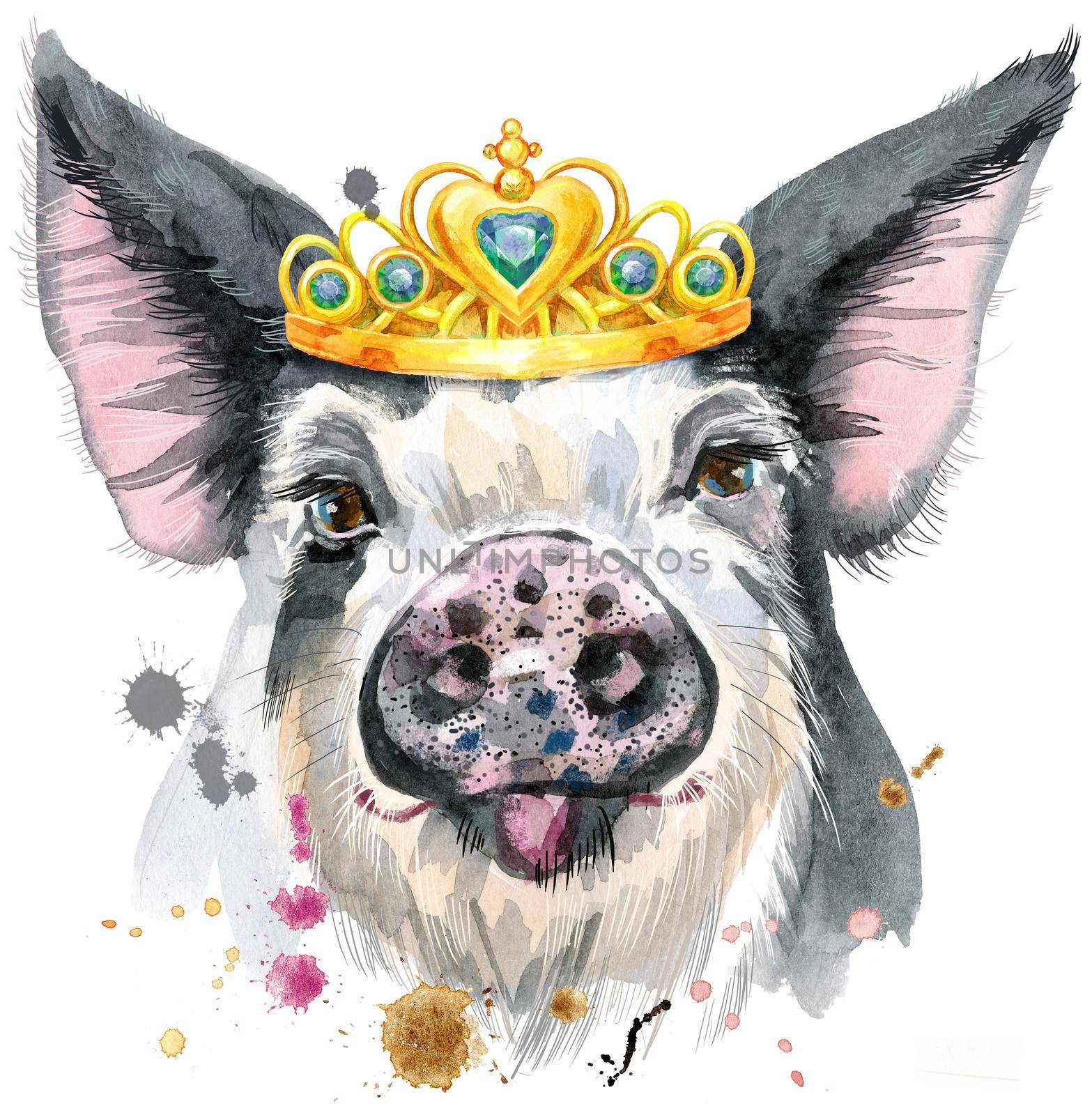 Cute piggy. Pig for T-shirt graphics. Watercolor pig with crown in black spots illustration
