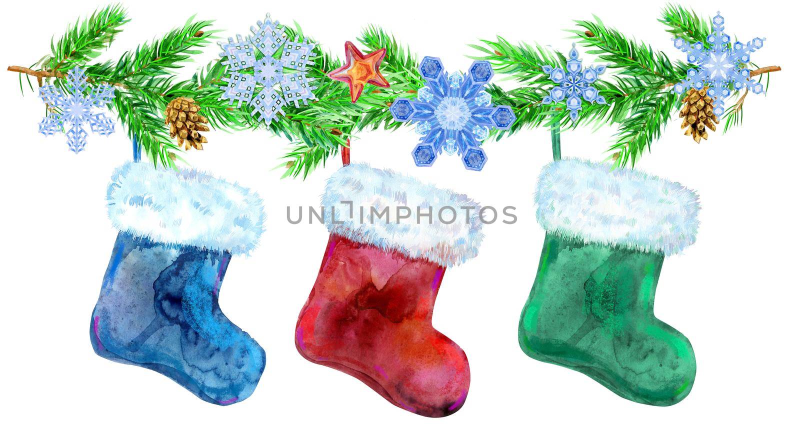 Christmas colorfull socks for gifts and spruce branches isolated on white background. Watercolor hand drawn illustration