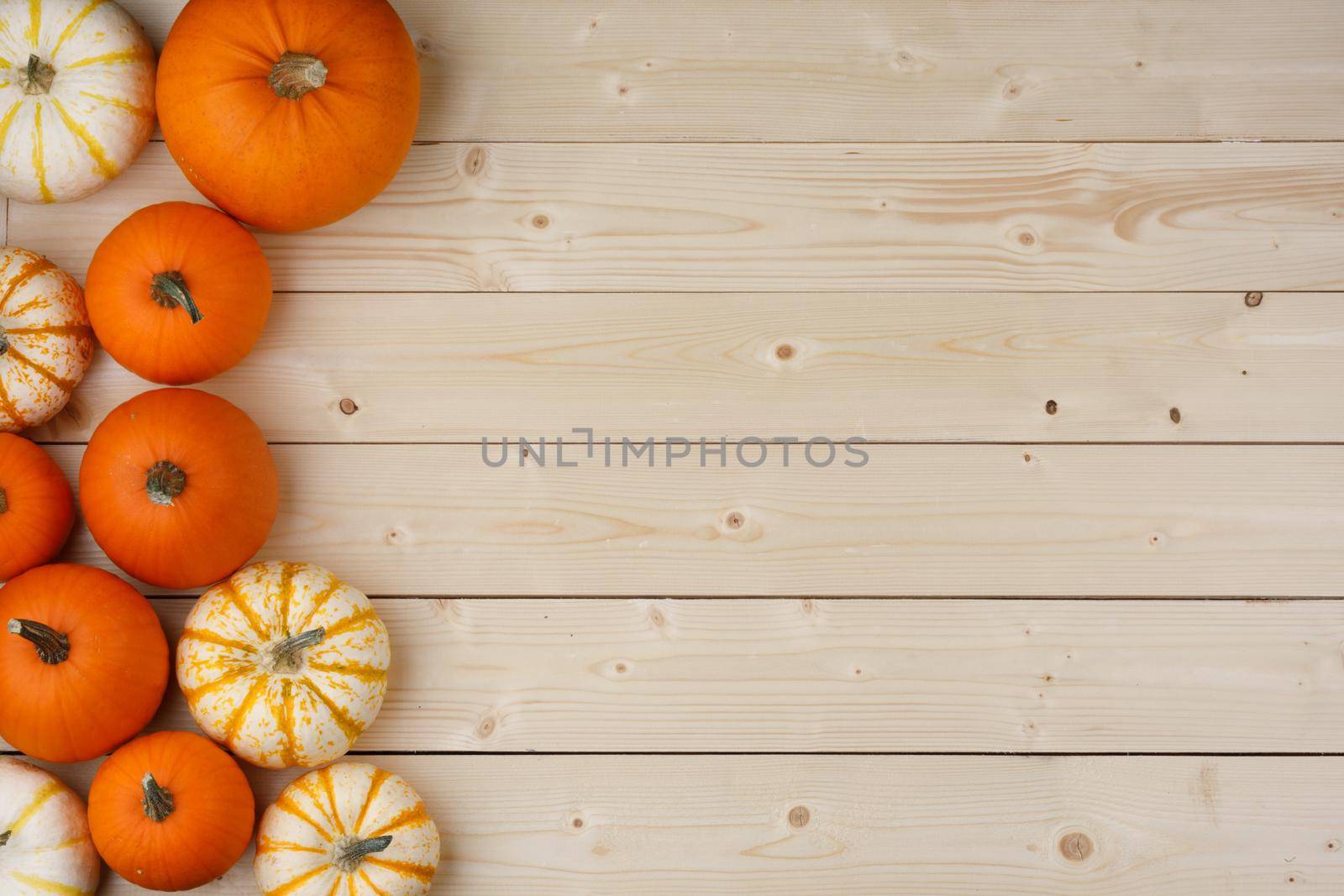 Many pumpkin top border over a rustic wood background
