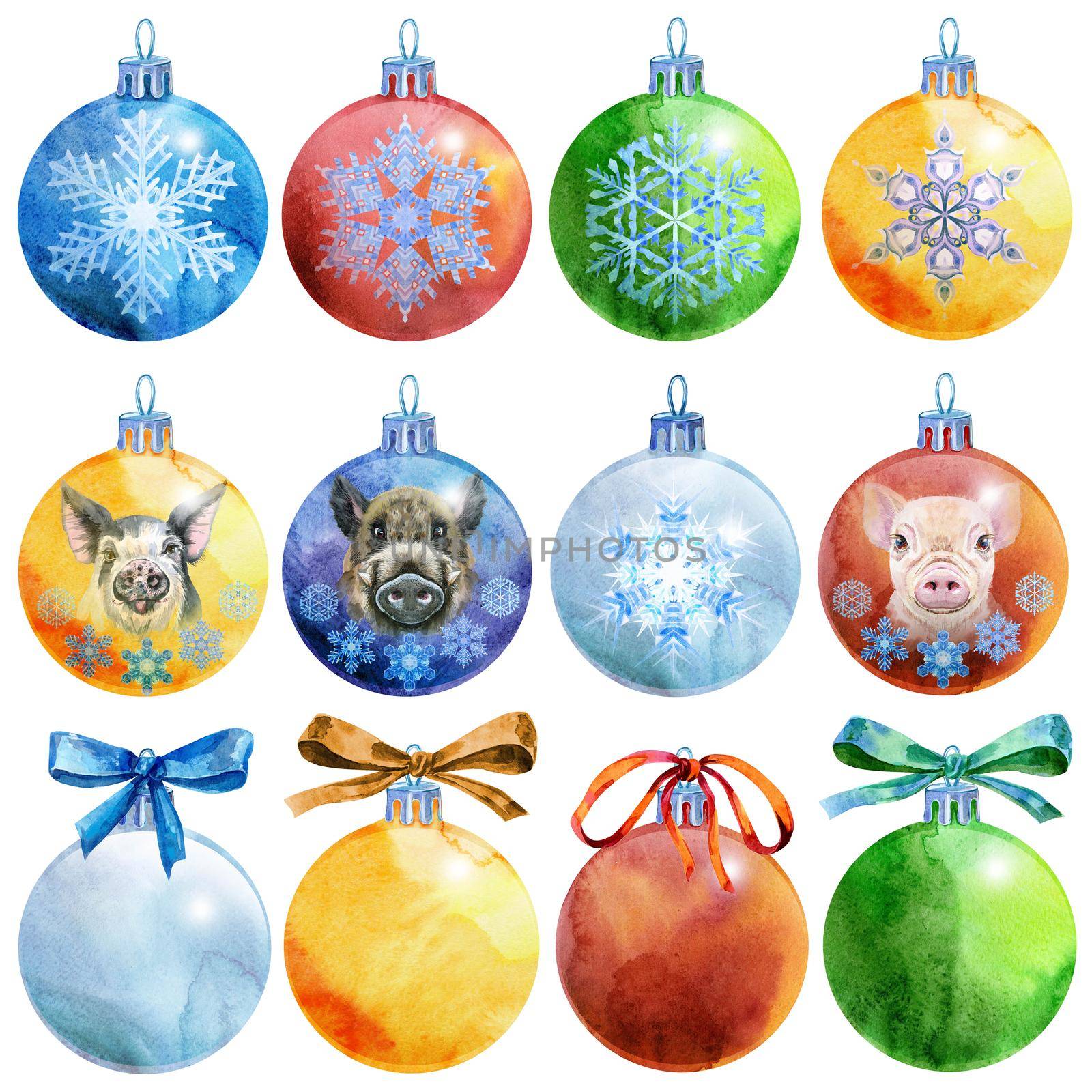 Set of Watercolor Christmas tree ball with image of pig and snowflakes. Card for your creativity