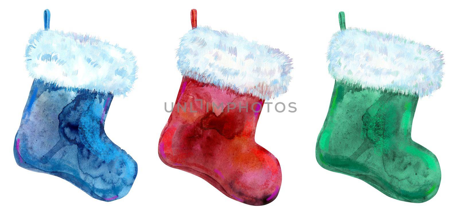 Christmas colorfull socks with white fur. Watercolor illustration. Isolated. by NataOmsk