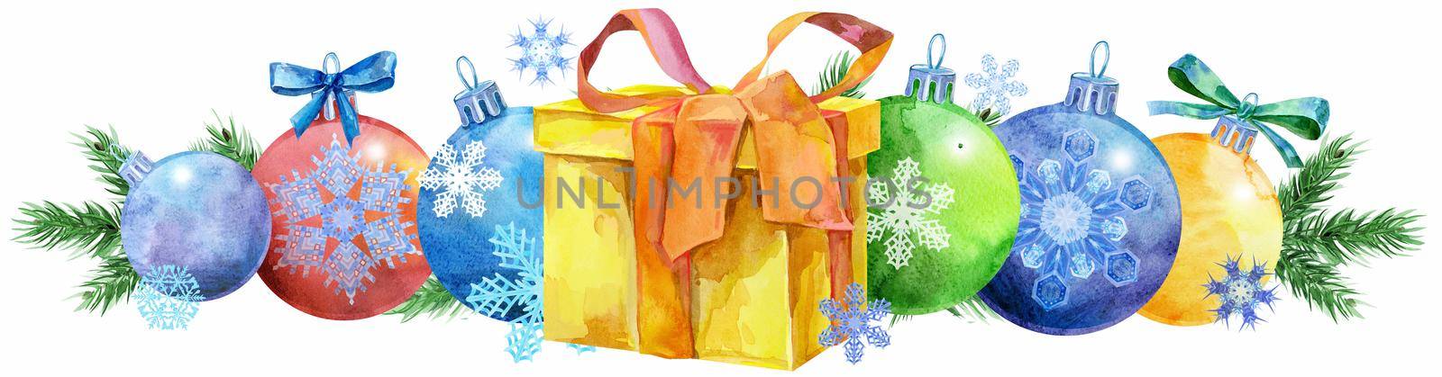 Watercolor Christmas tree border with gift for your creativity by NataOmsk