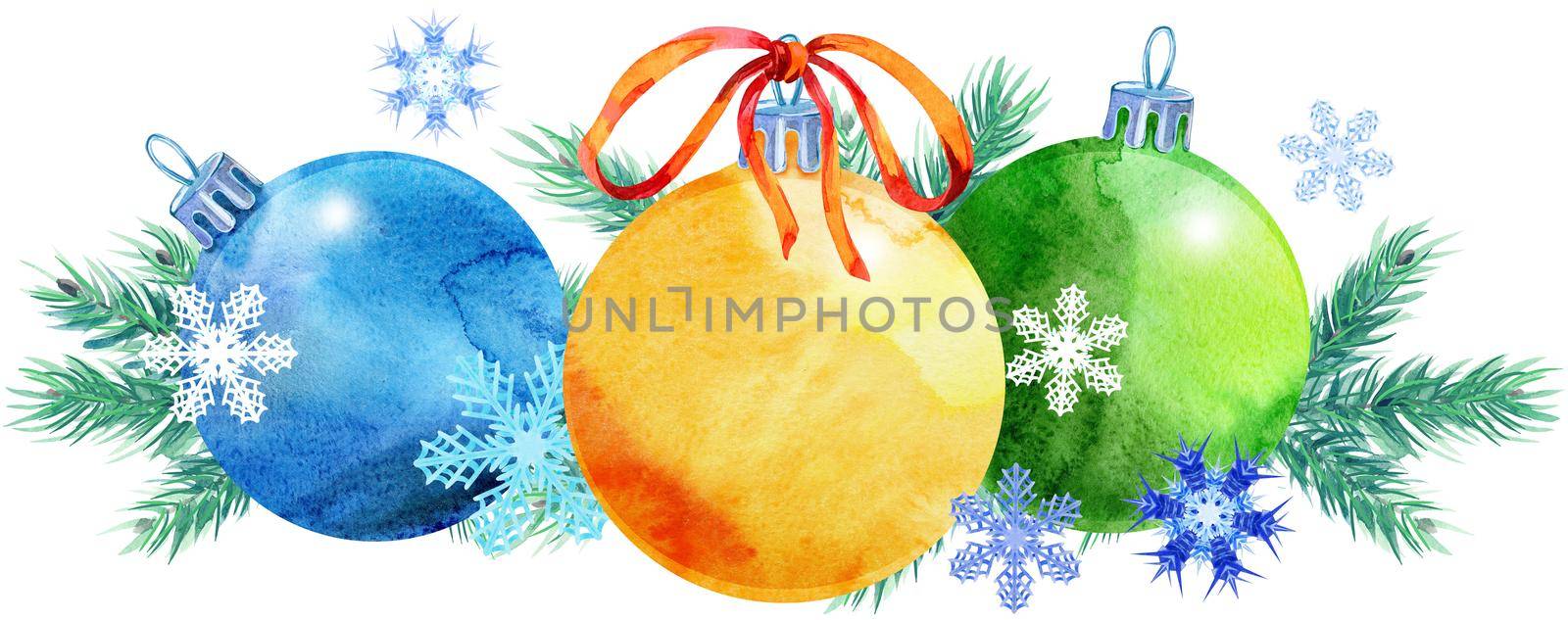 Watercolor Christmas tree border from balls with snowflakes. Card for your creativity