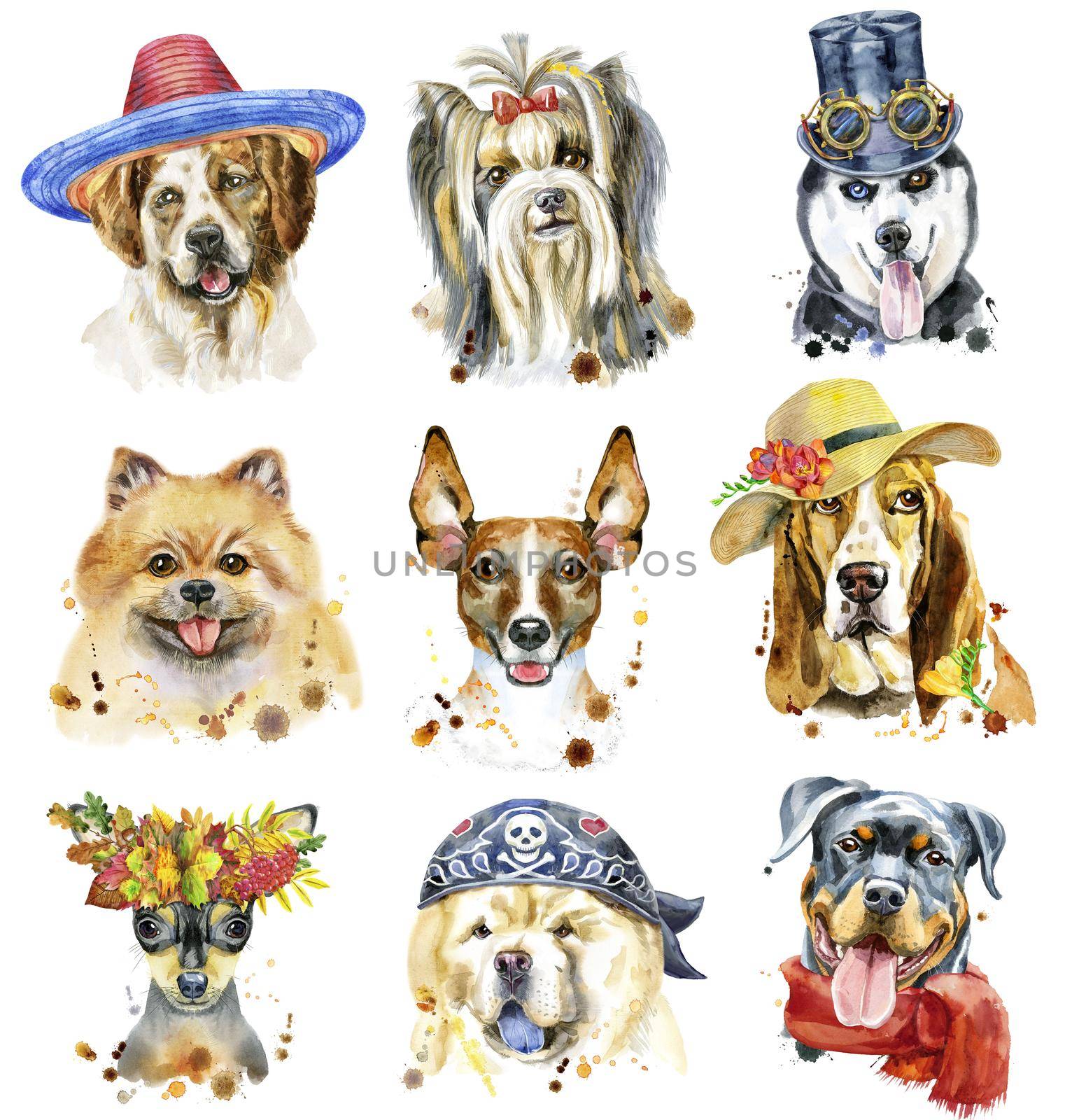 Cute set of watercolor portraits of dogs. For t-shirt graphics. Watercolor dogs illustration