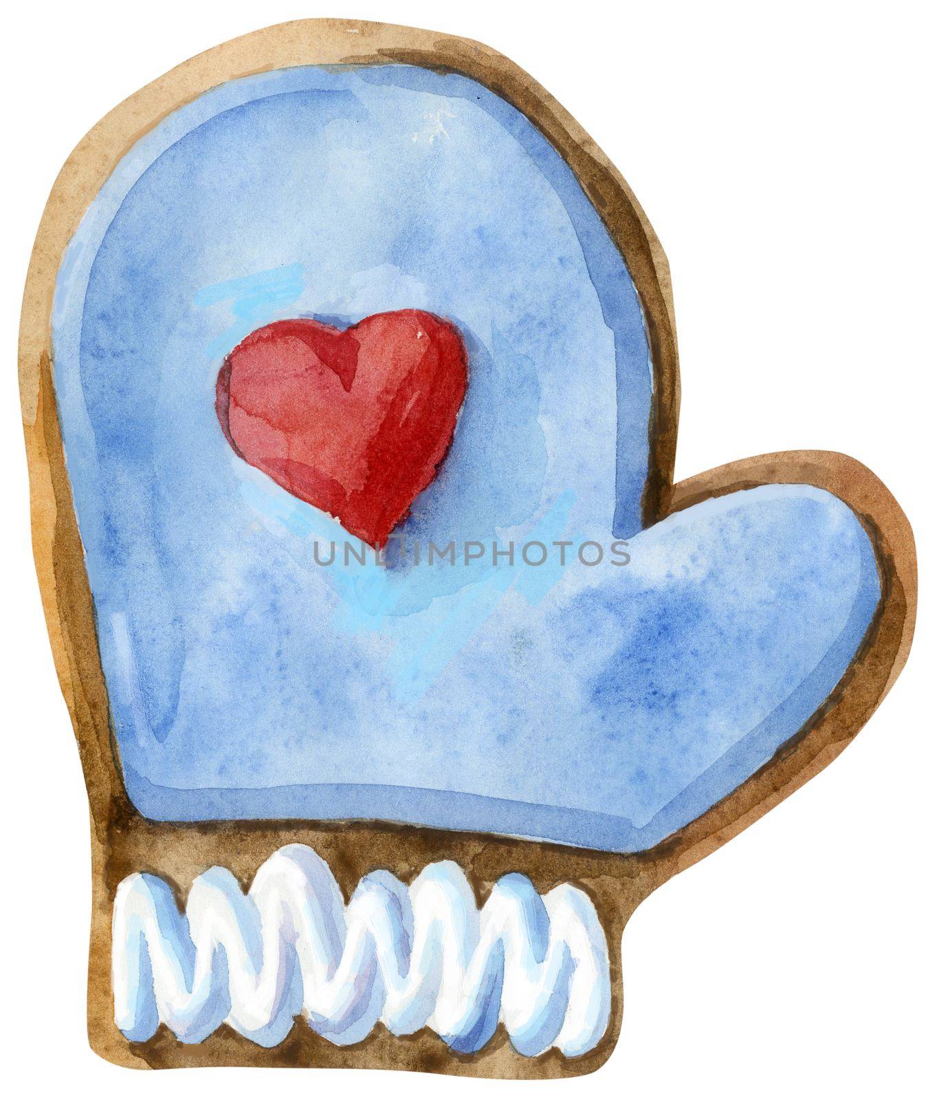 Watercolor christmas gingerbread. Hand painted gingerbread mitten isolated on white background. For design, background or print.