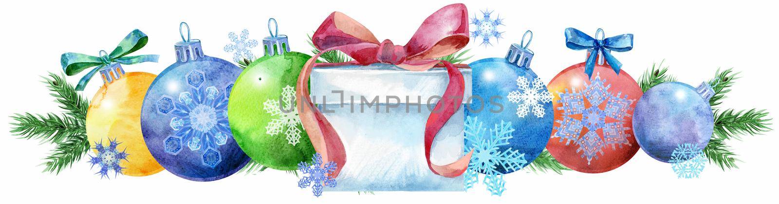 Watercolor Christmas tree border from balls with snowflakes and gift. Card for your creativity