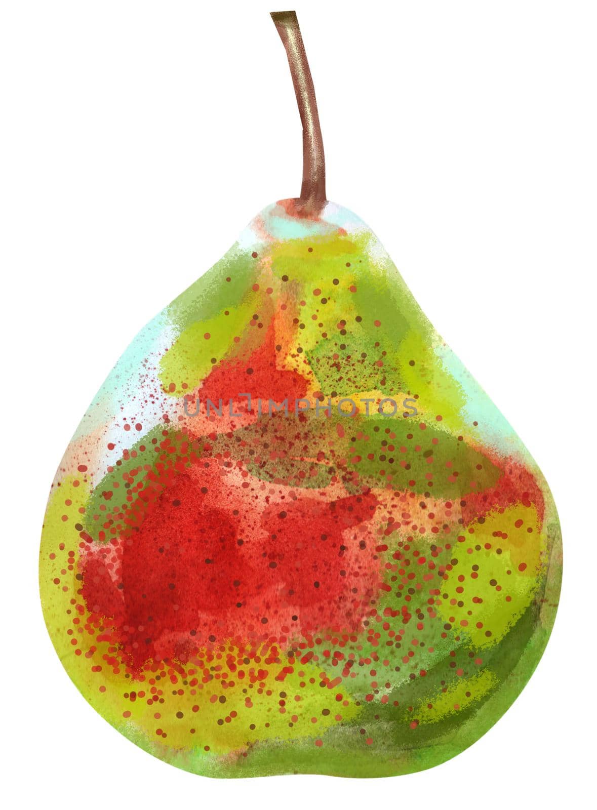 Watercolor hand drawn illustration of pear fruit with red spot on white background