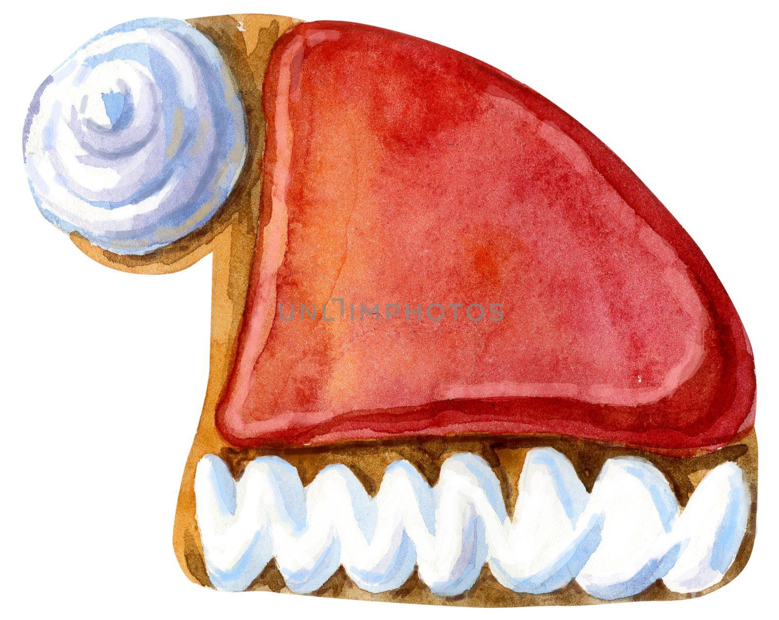 Watercolor christmas gingerbread. Hand painted gingerbread Santa Claus hat isolated on white background. For design, background or print.