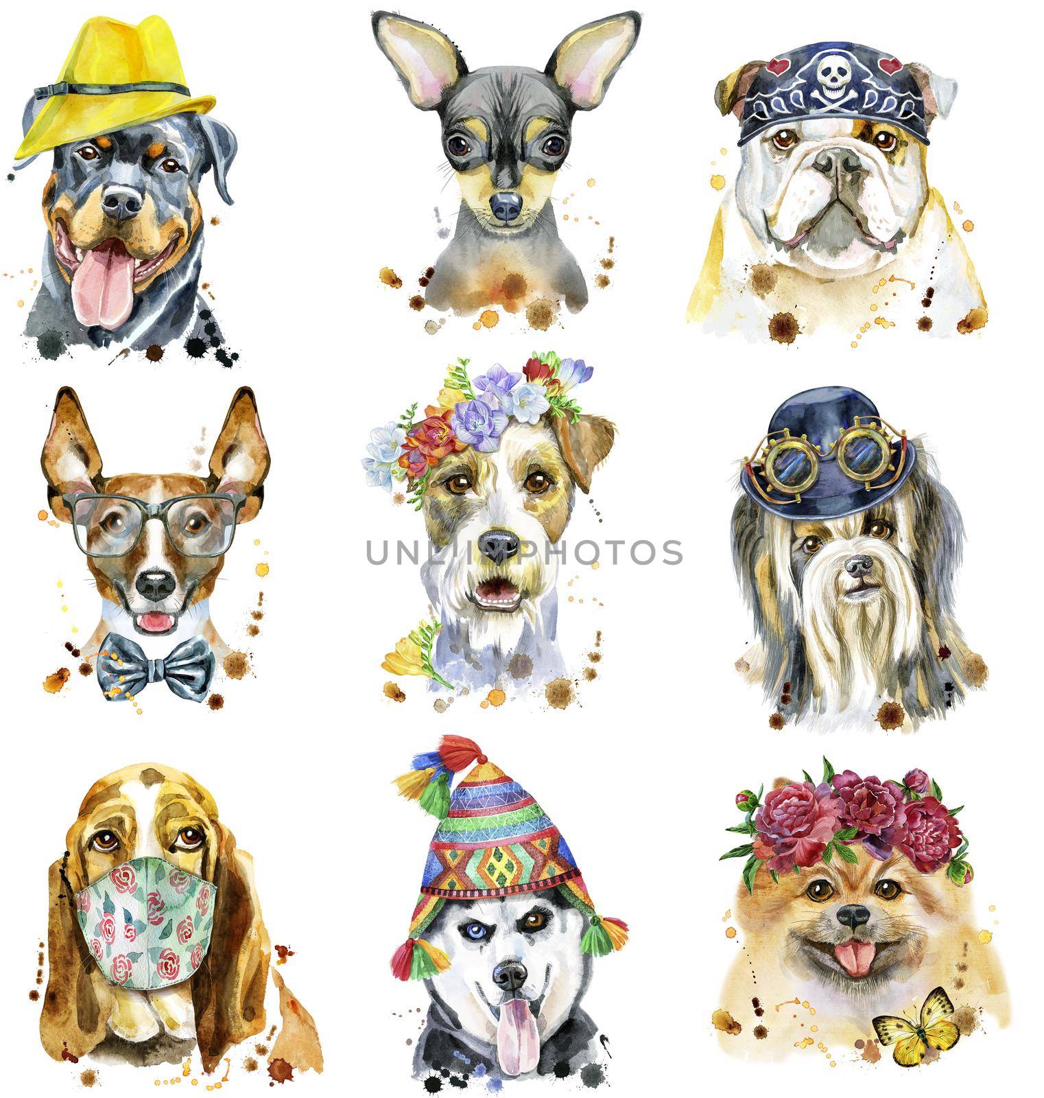 Cute set of watercolor portraits of dogs. For t-shirt graphics. Watercolor dogs illustration