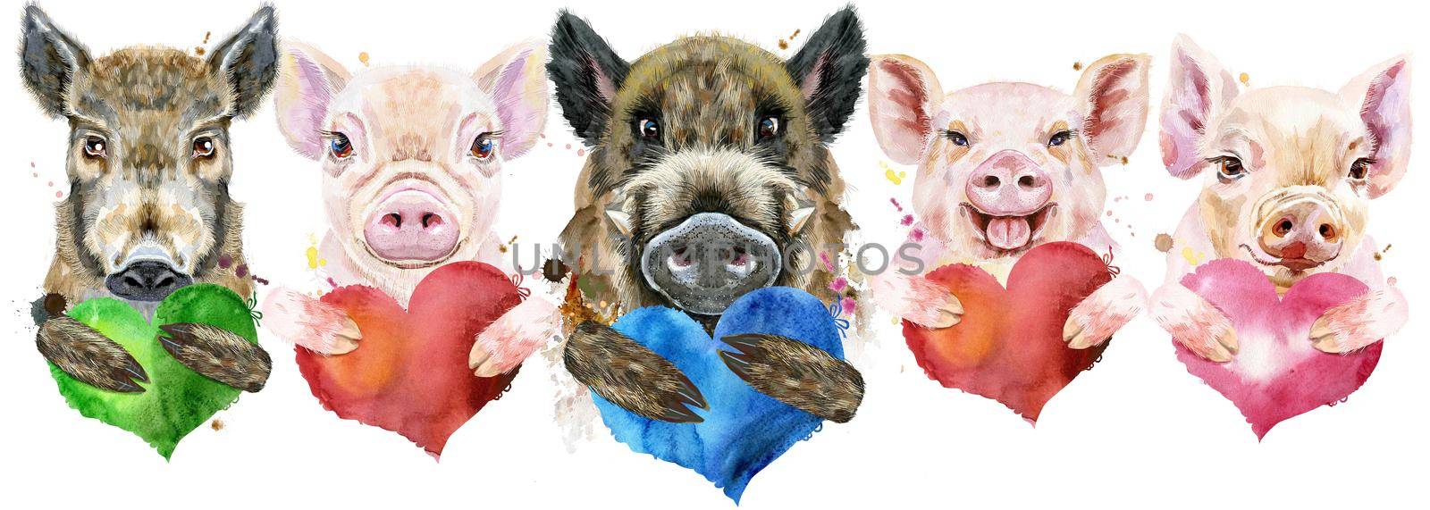 Border from pigs with hearts. Watercolor portraits of pigs and boars by NataOmsk