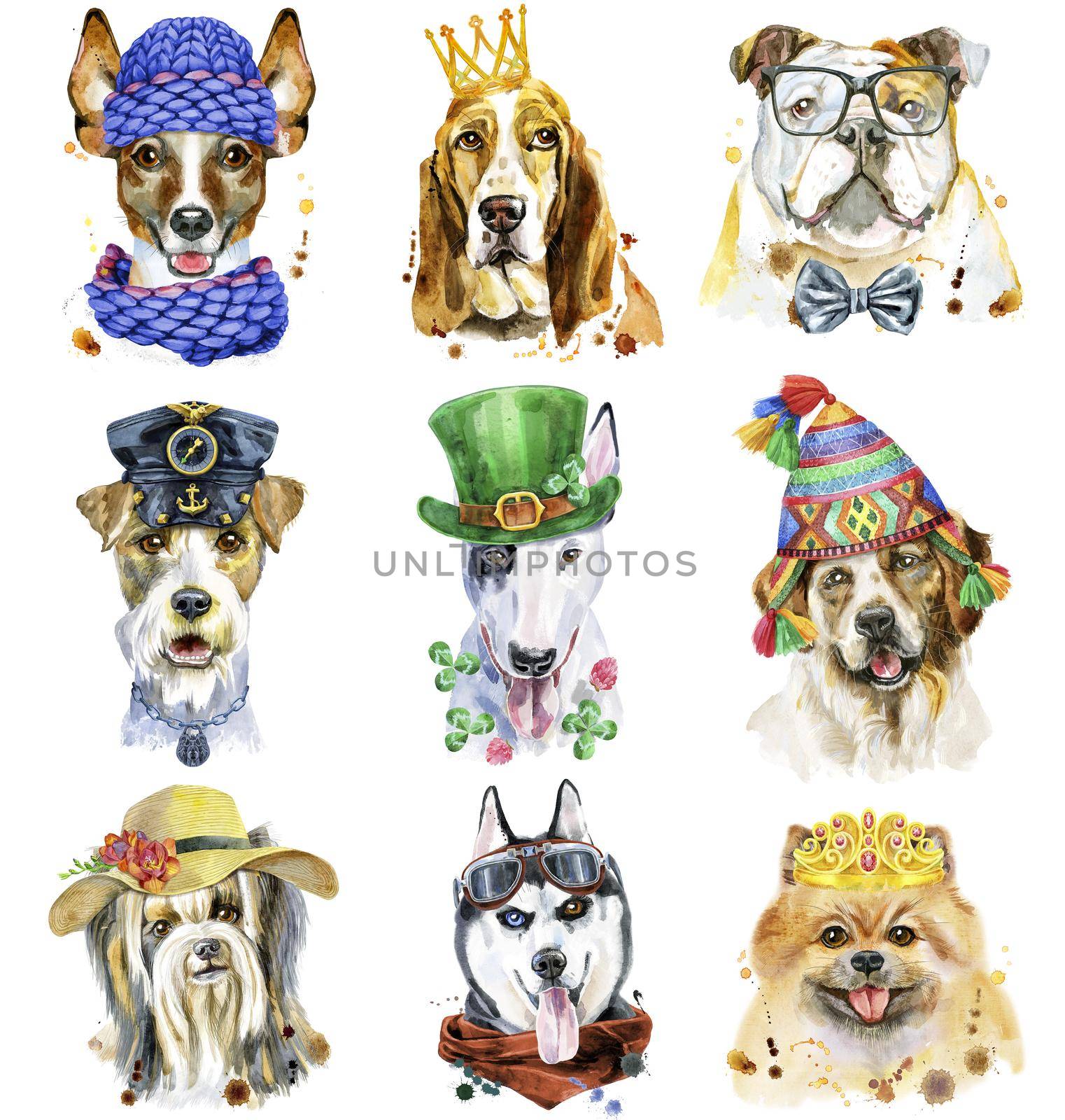 Cute set of watercolor portraits of dogs. For t-shirt graphics. Watercolor dogs illustration