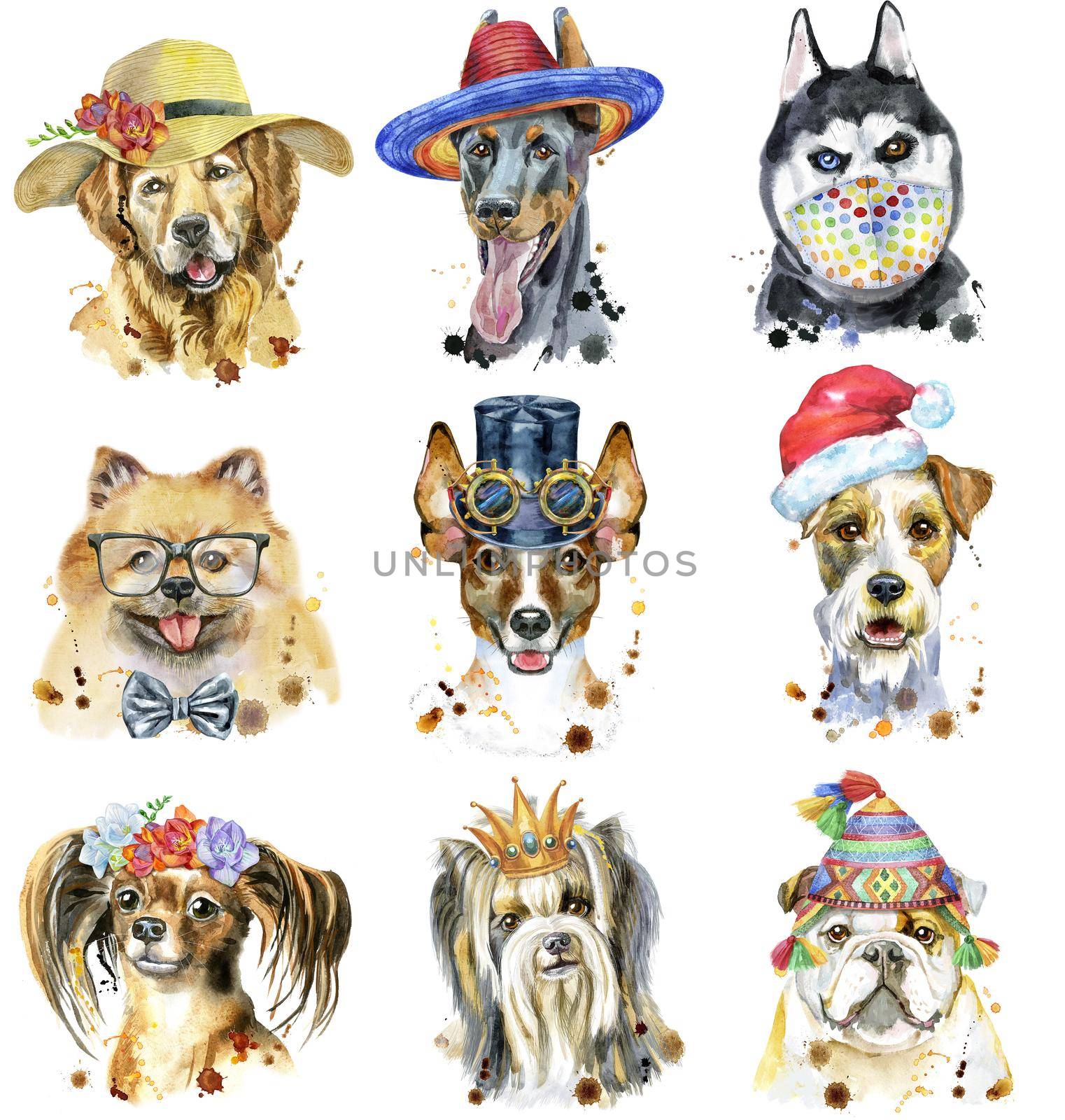 Cute set of watercolor portraits of dogs. For t-shirt graphics. Watercolor dogs illustration