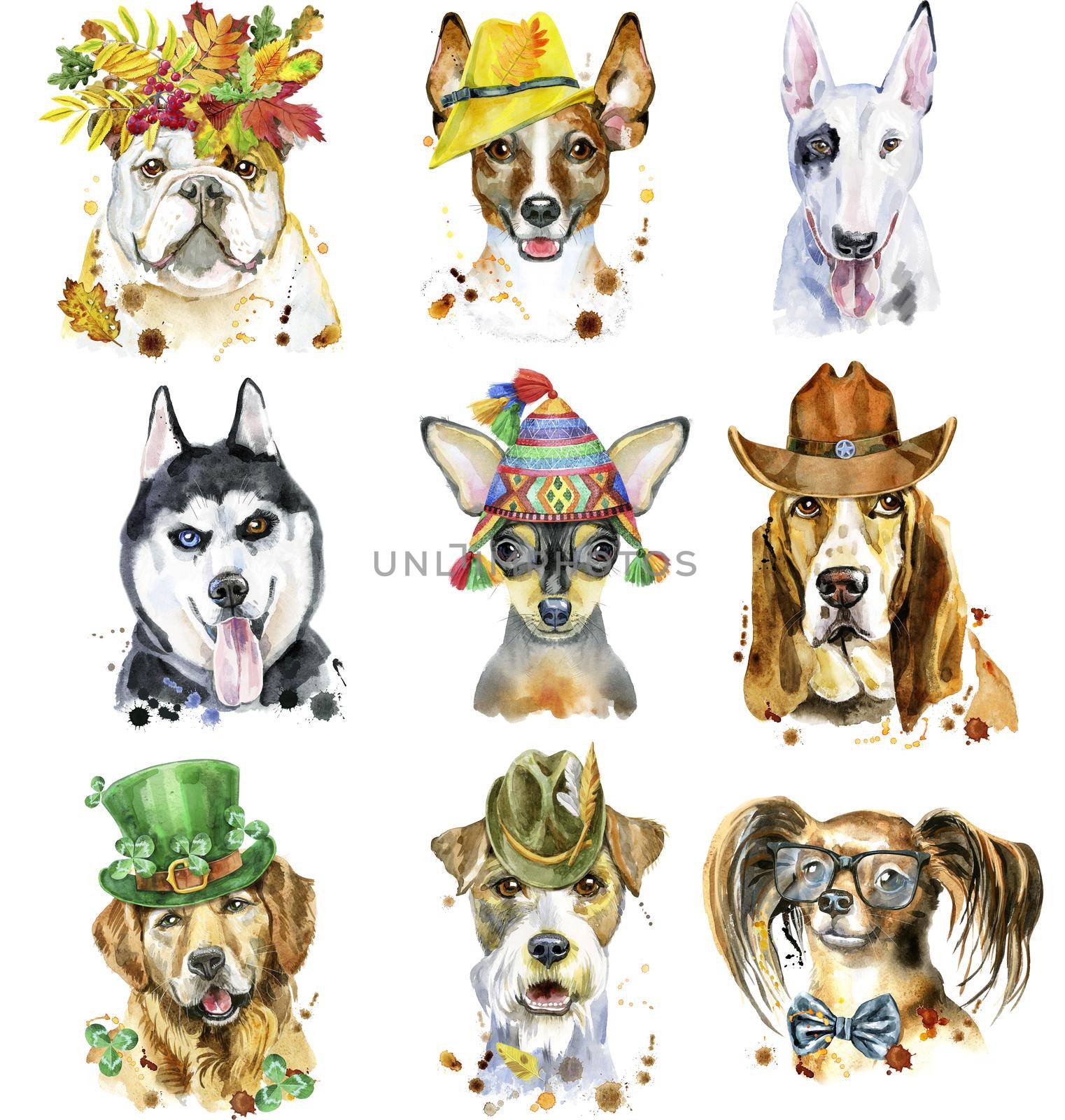 Cute set of watercolor portraits of dogs. For t-shirt graphics. Watercolor dogs illustration