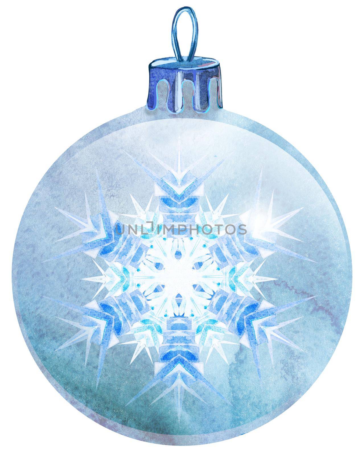 Watercolor Christmas white ball with snowlake isolated on a white background.