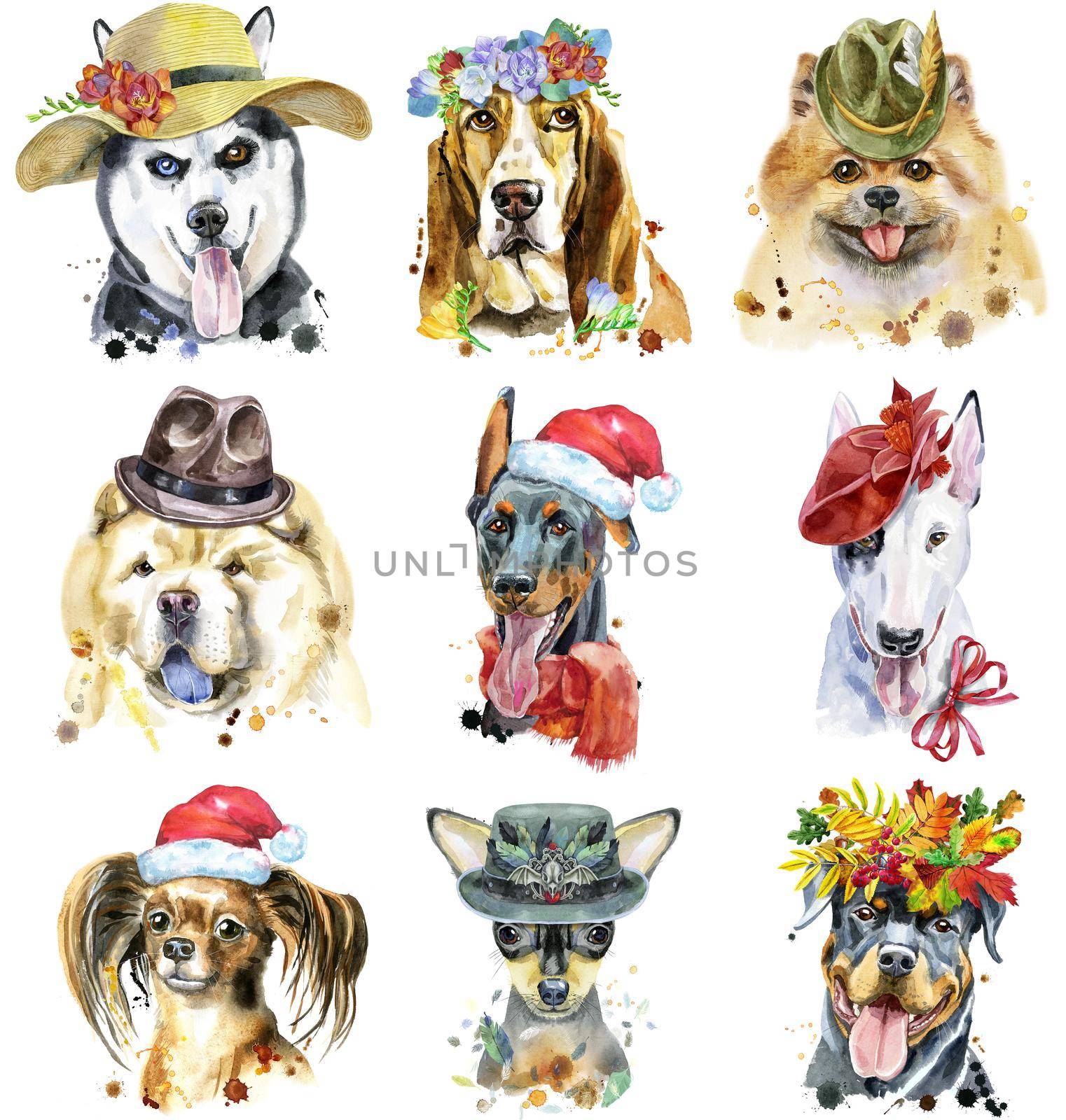 Cute set of watercolor portraits of dogs. For t-shirt graphics. Watercolor dogs illustration