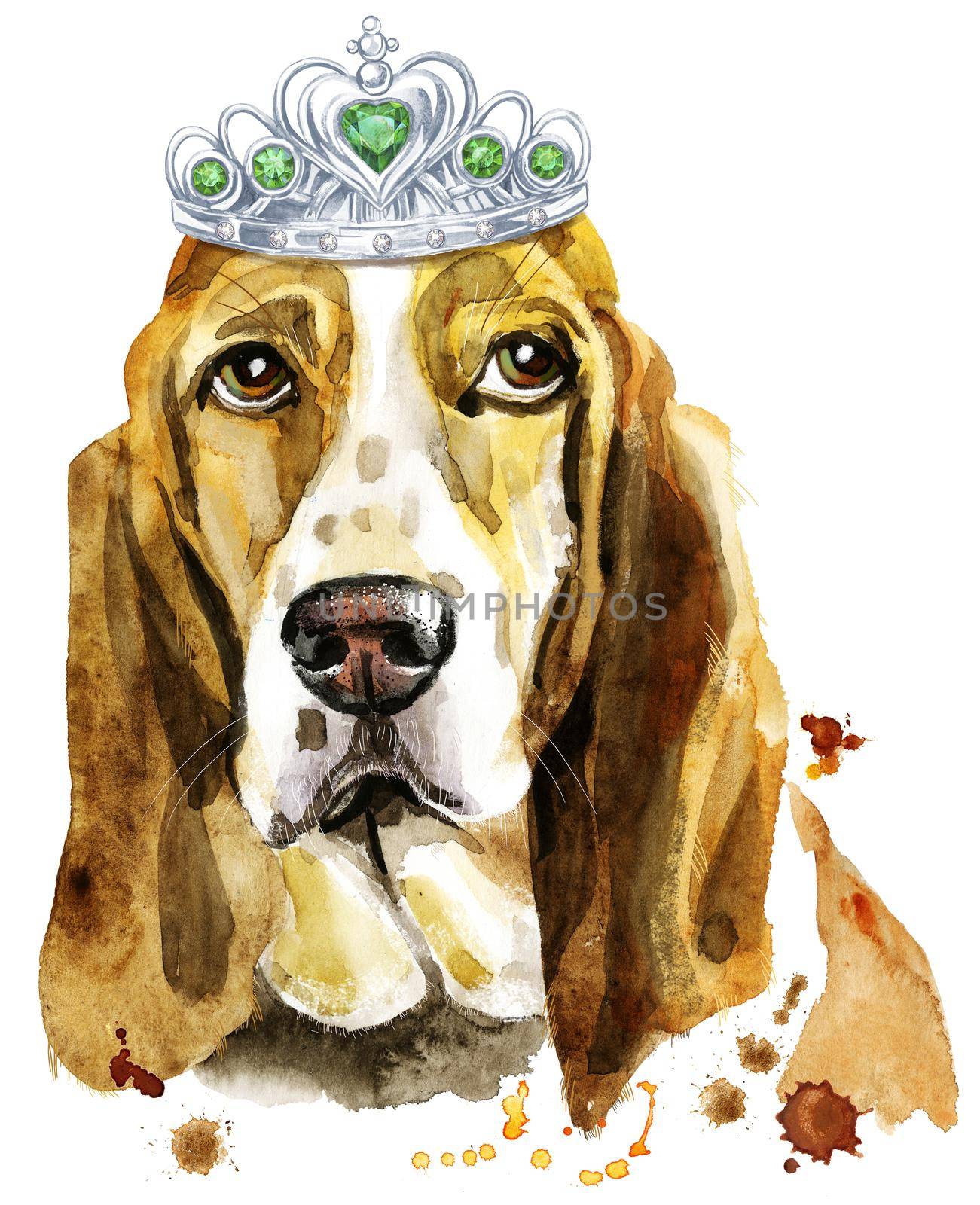 Cute Dog. Dog t-shirt graphics. Watercolor basset hound with silver crown
