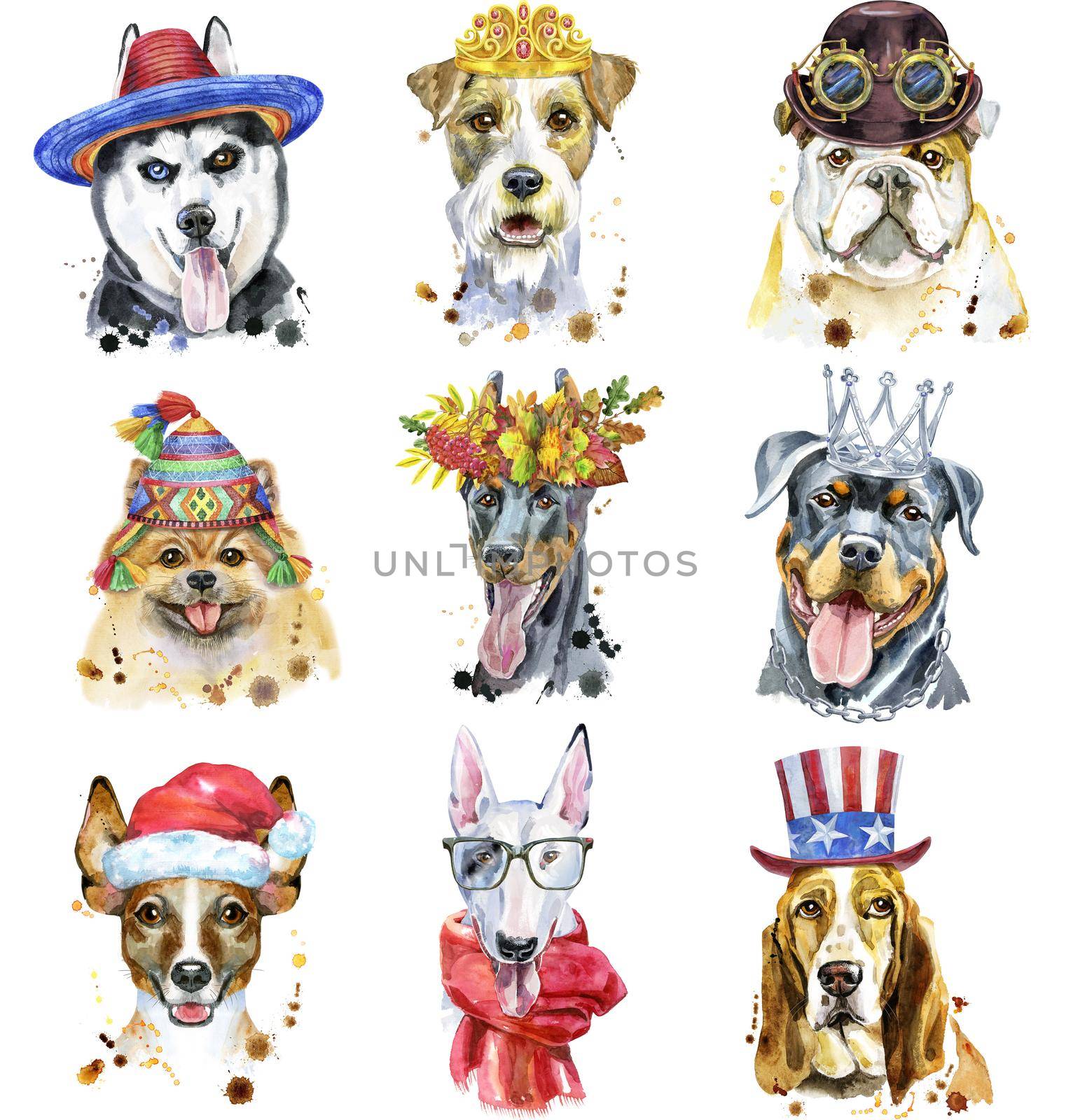 Set of watercolor portraits of dogs for decoration by NataOmsk