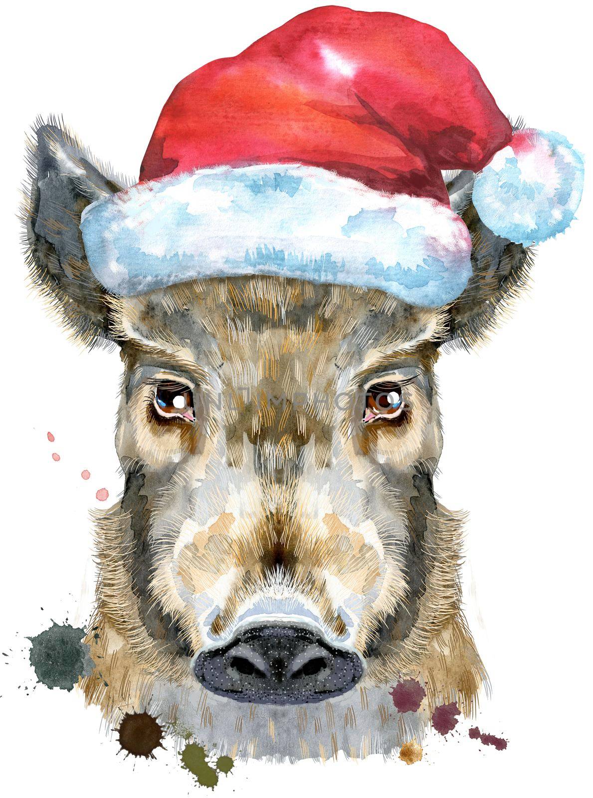 Watercolor portrait of wild boar in Santa hat by NataOmsk