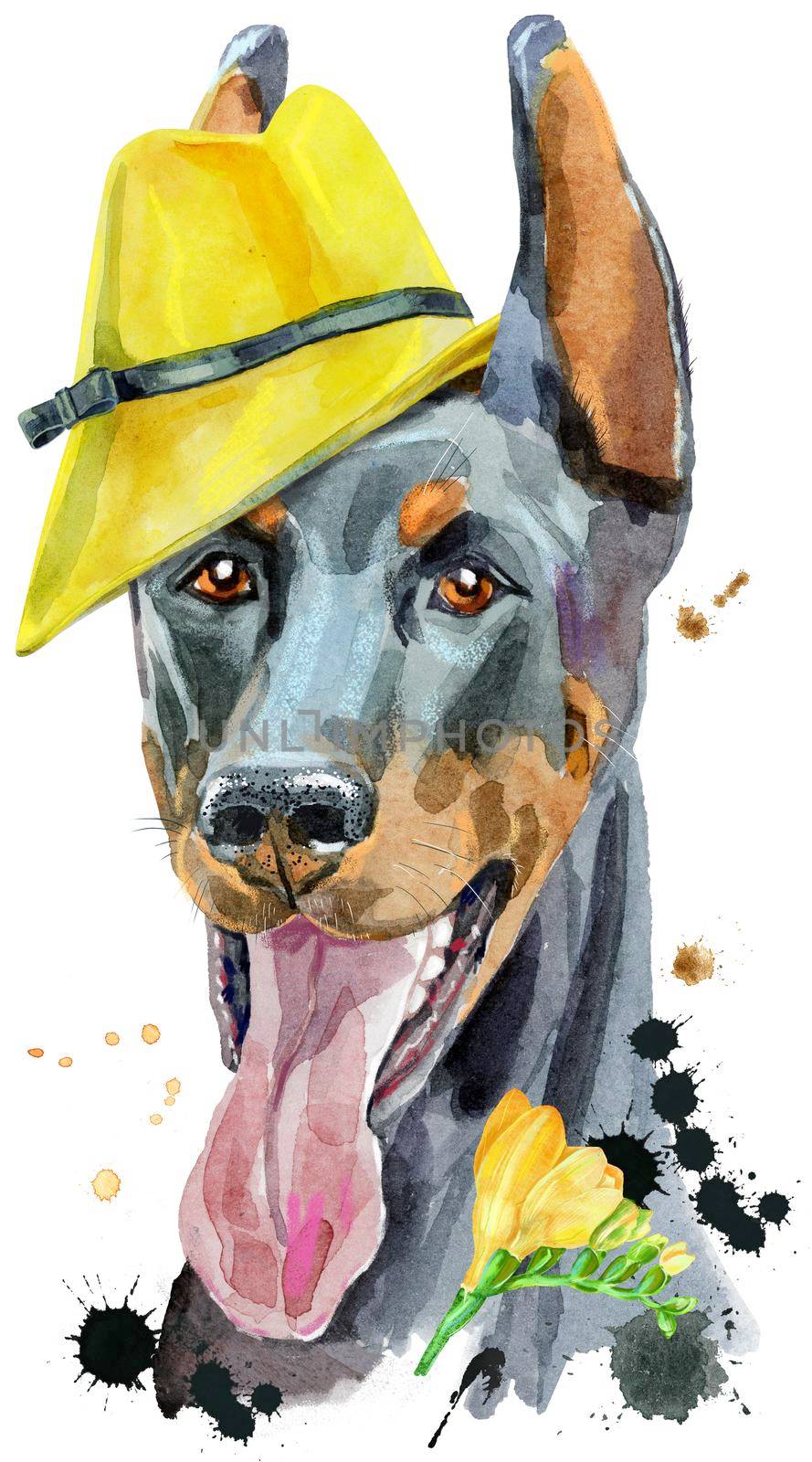 Cute Dog with yellow hat and freesia. Dog T-shirt graphics. watercolor doberman illustration
