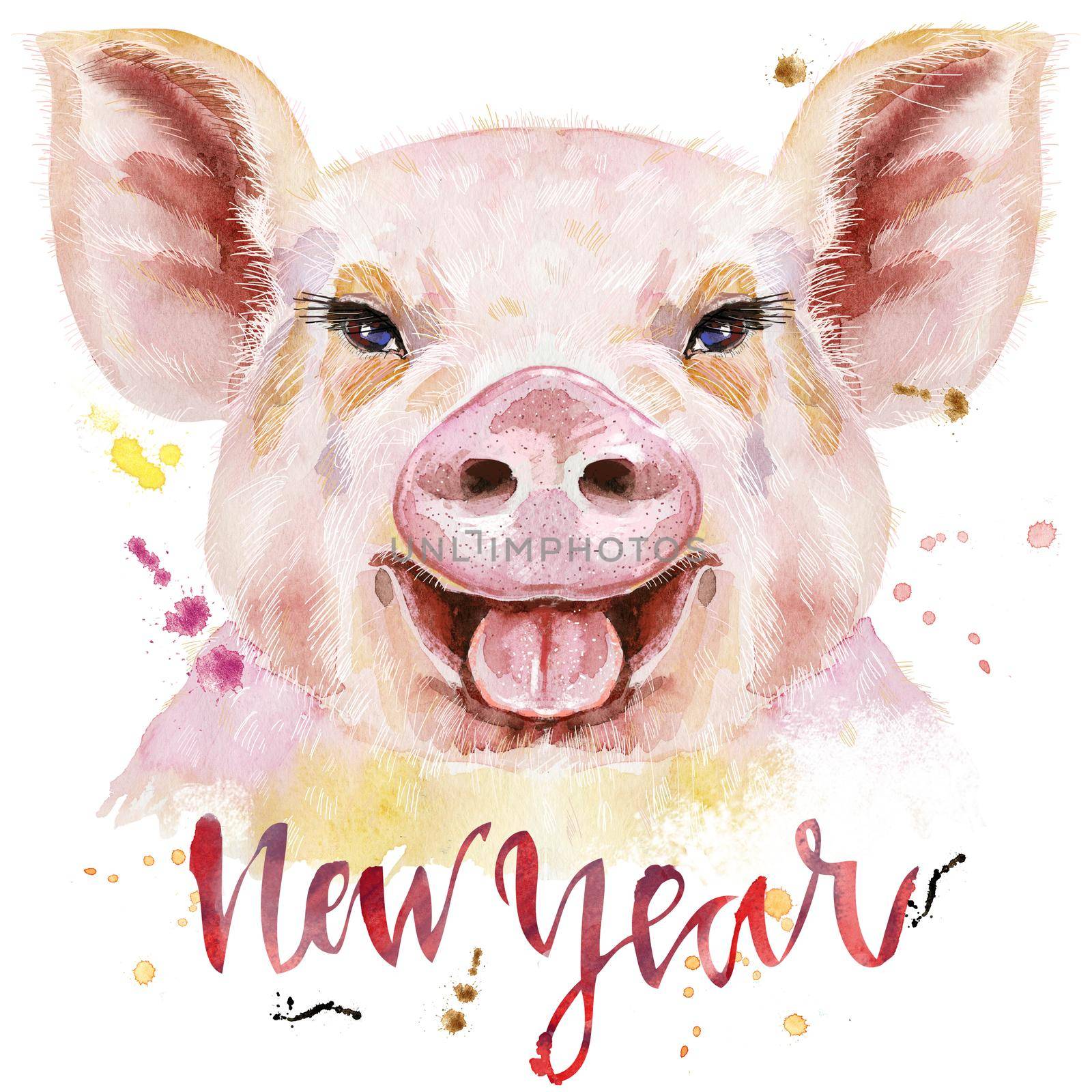 Watercolor portrait of pig with the inscription New Year by NataOmsk