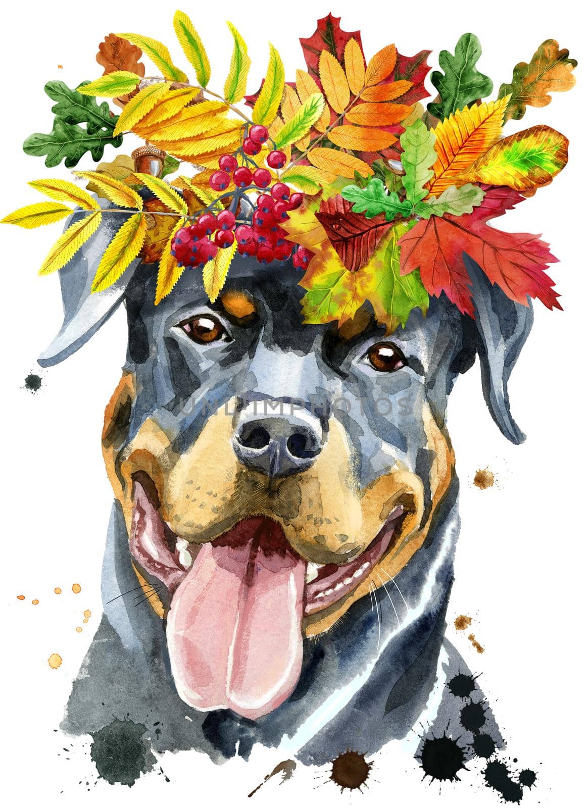 Watercolor portrait of rottweiler with wreath of autumn leaves by NataOmsk