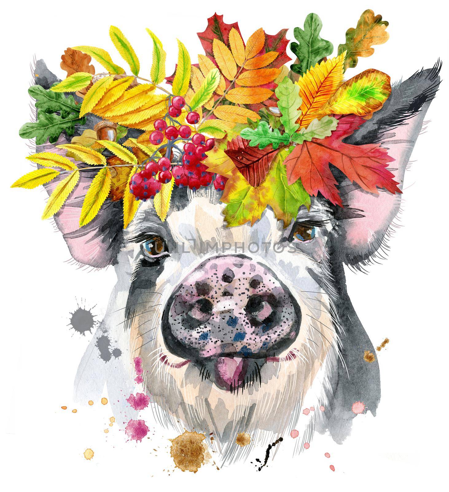 A beautiful pig in black spots in a with wreath of leaves. Watercolor illustration with splashes.