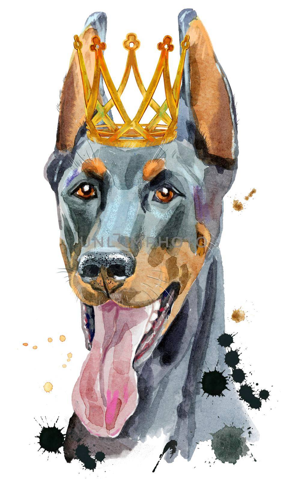 Watercolor portrait of black doberman with golden crown by NataOmsk