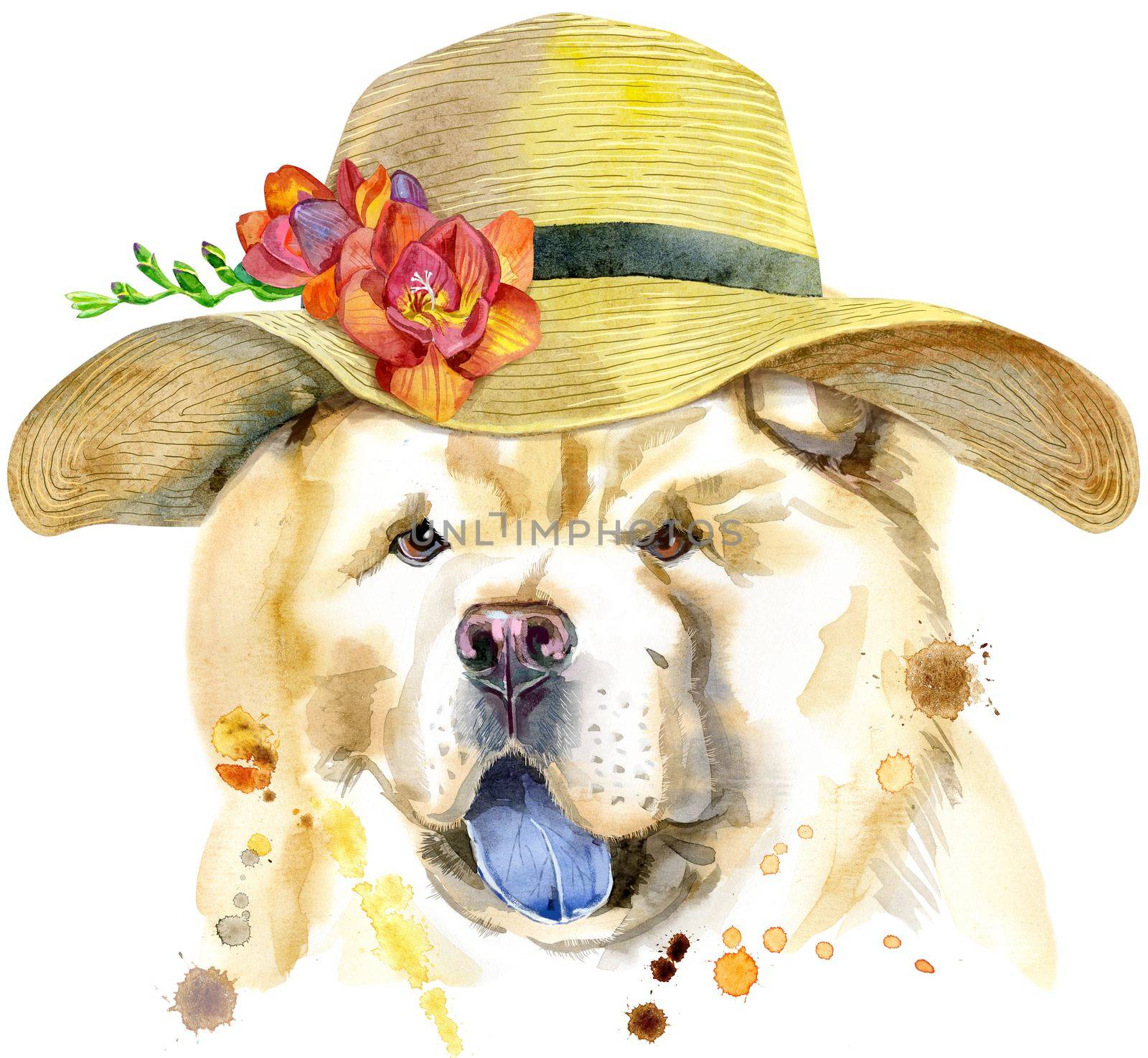 Watercolor portrait of chow-chow dog with a wide-brimmed summer hat by NataOmsk