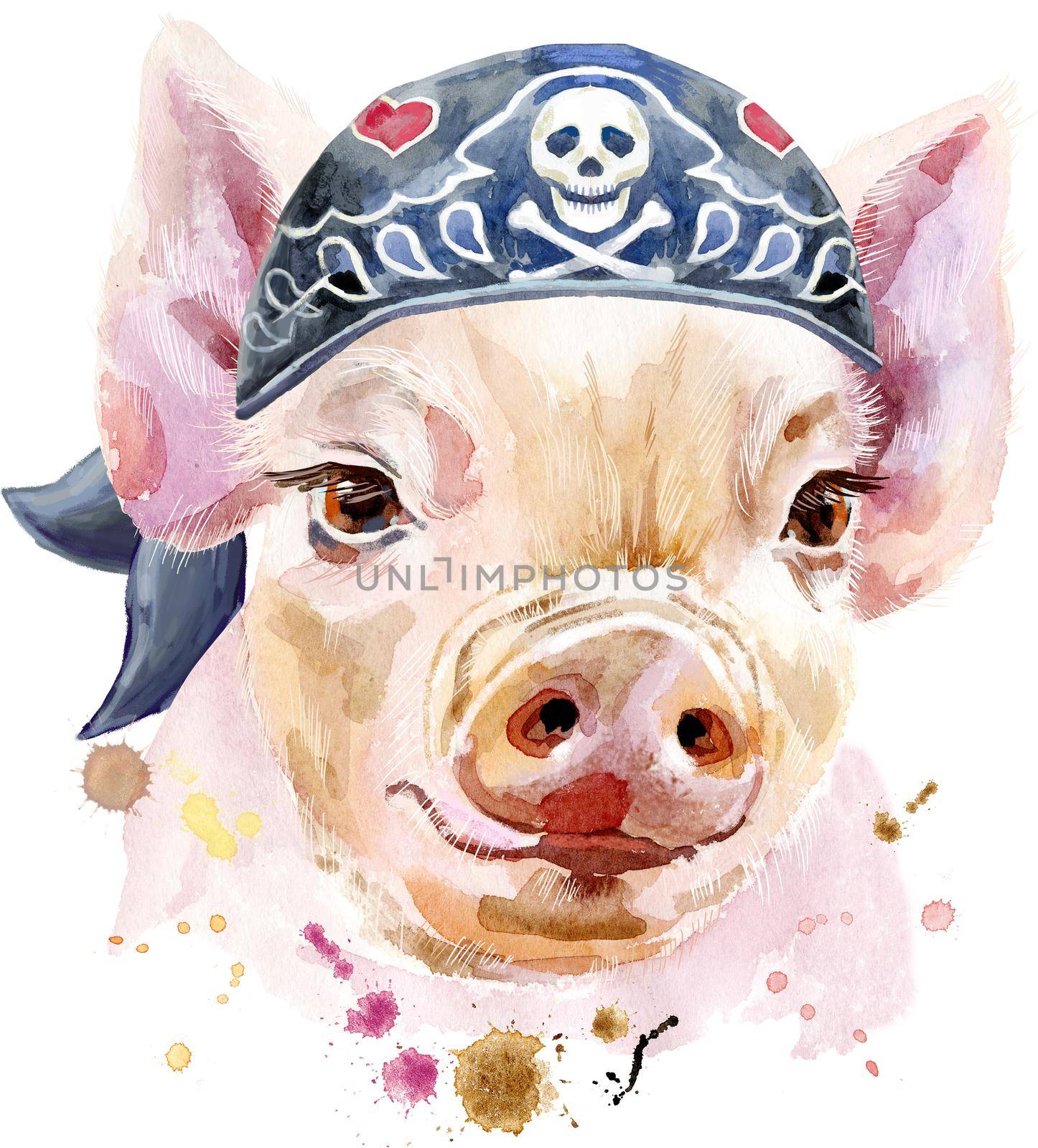 Cute piggy wearing biker bandana. Pig for T-shirt graphics. Watercolor pink mini pig illustration