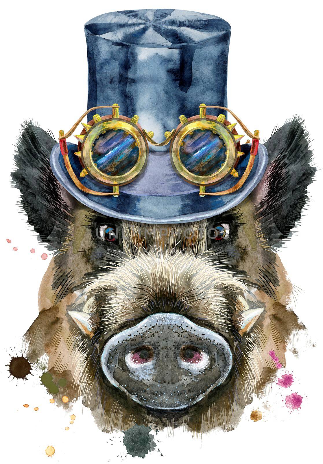 Cute piggy. Wild boar with black hat topper and steampunk glasses for t-shirt graphics. Watercolor brown boar illustration