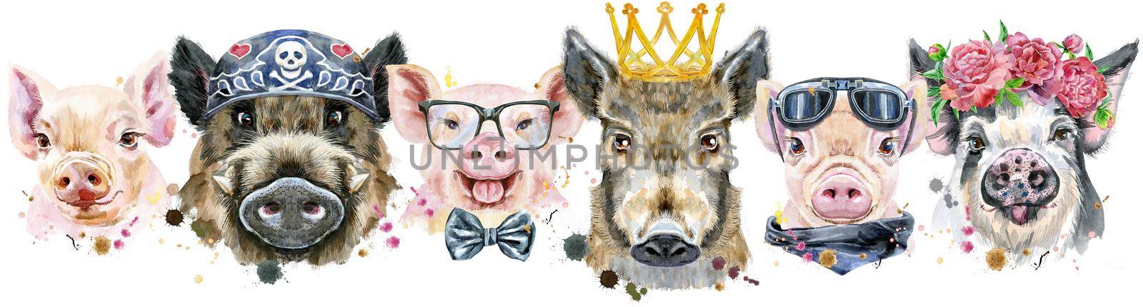 Cute border from watercolor portraits of pigs.