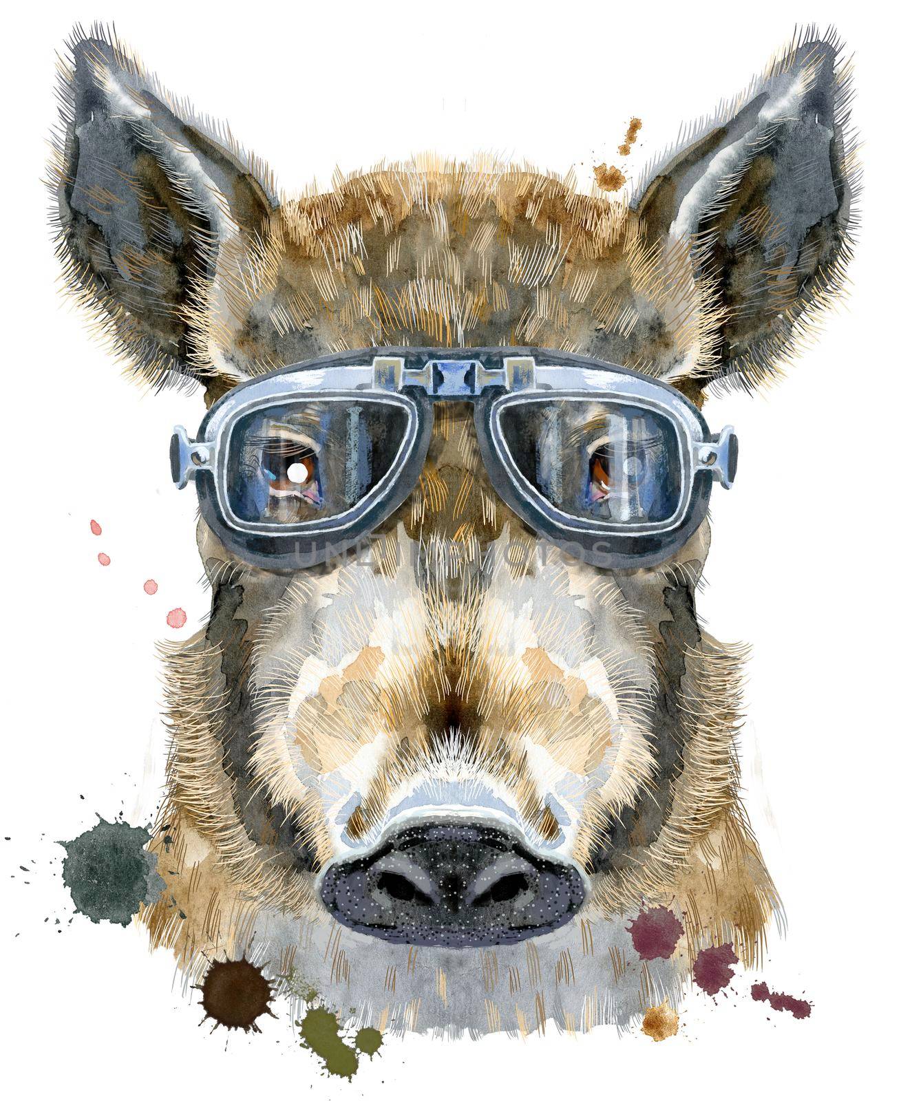 Cute piggy with biker sunglasses. Wild boar for T-shirt graphics. Watercolor brown boar illustration