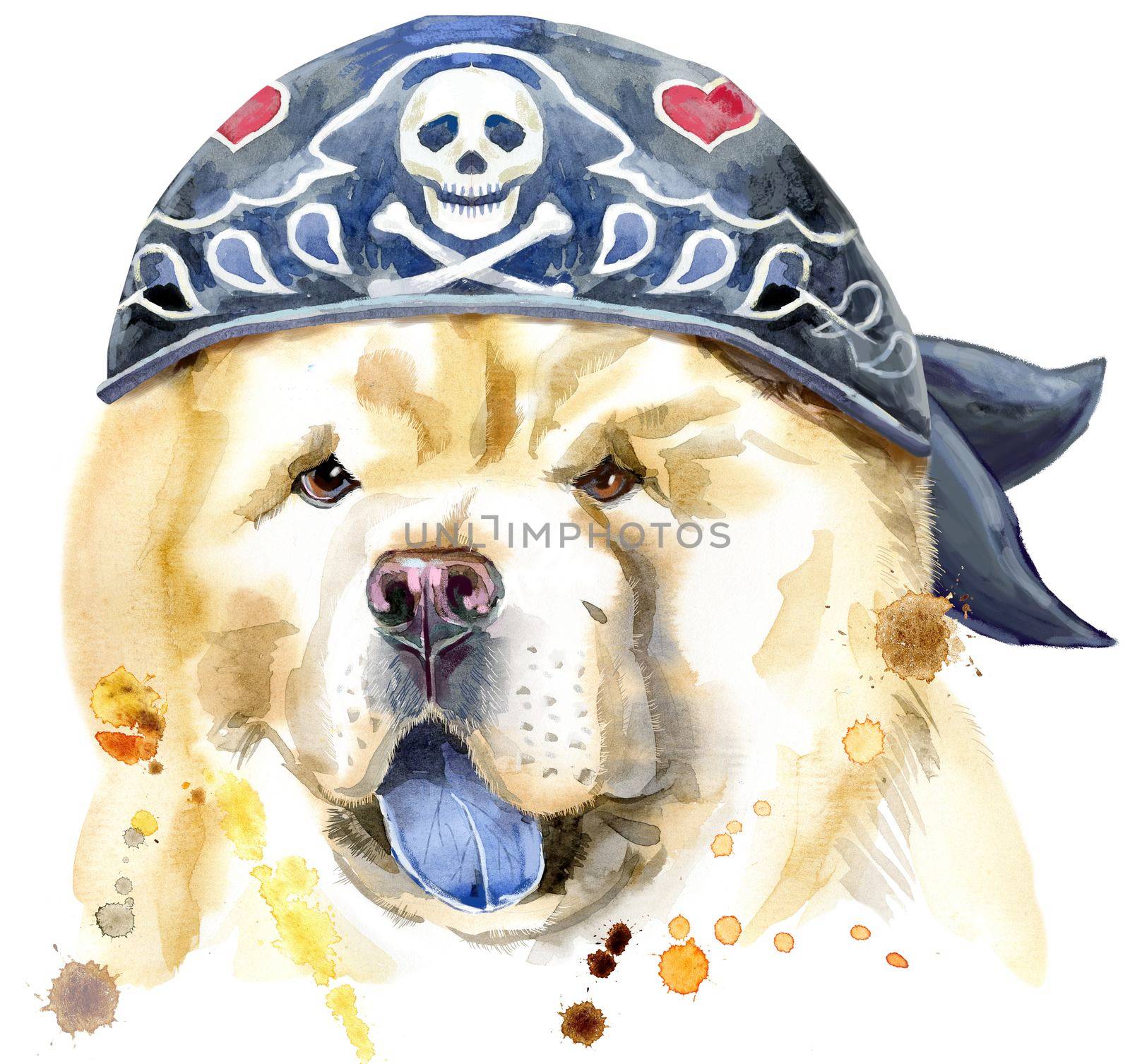 Cute Dog wearing biker bandana. Dog T-shirt graphics. watercolor chow-chow dog illustration