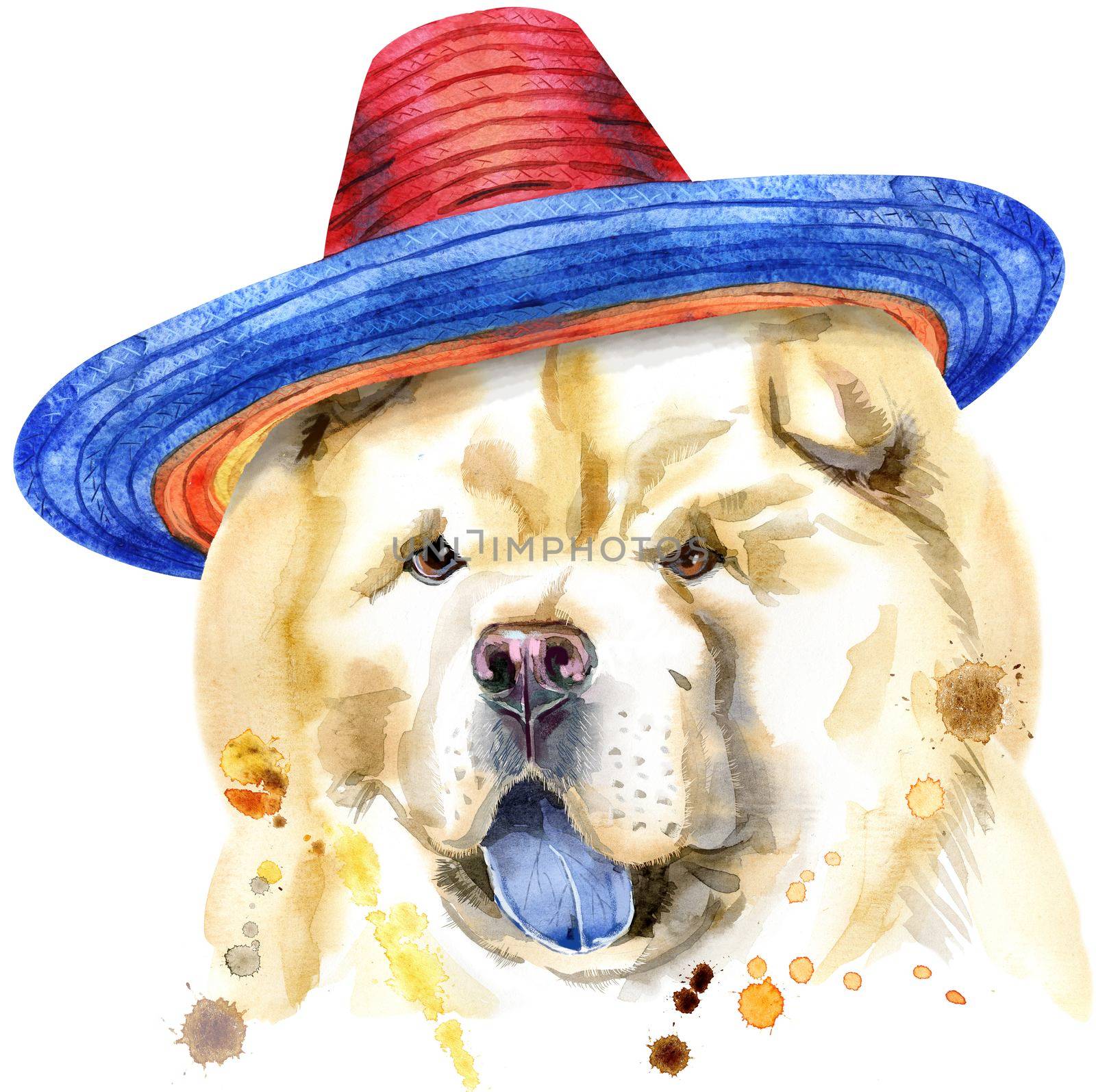 Cute Dog in mexican hat. Dog T-shirt graphics. watercolor chow-chow dog illustration