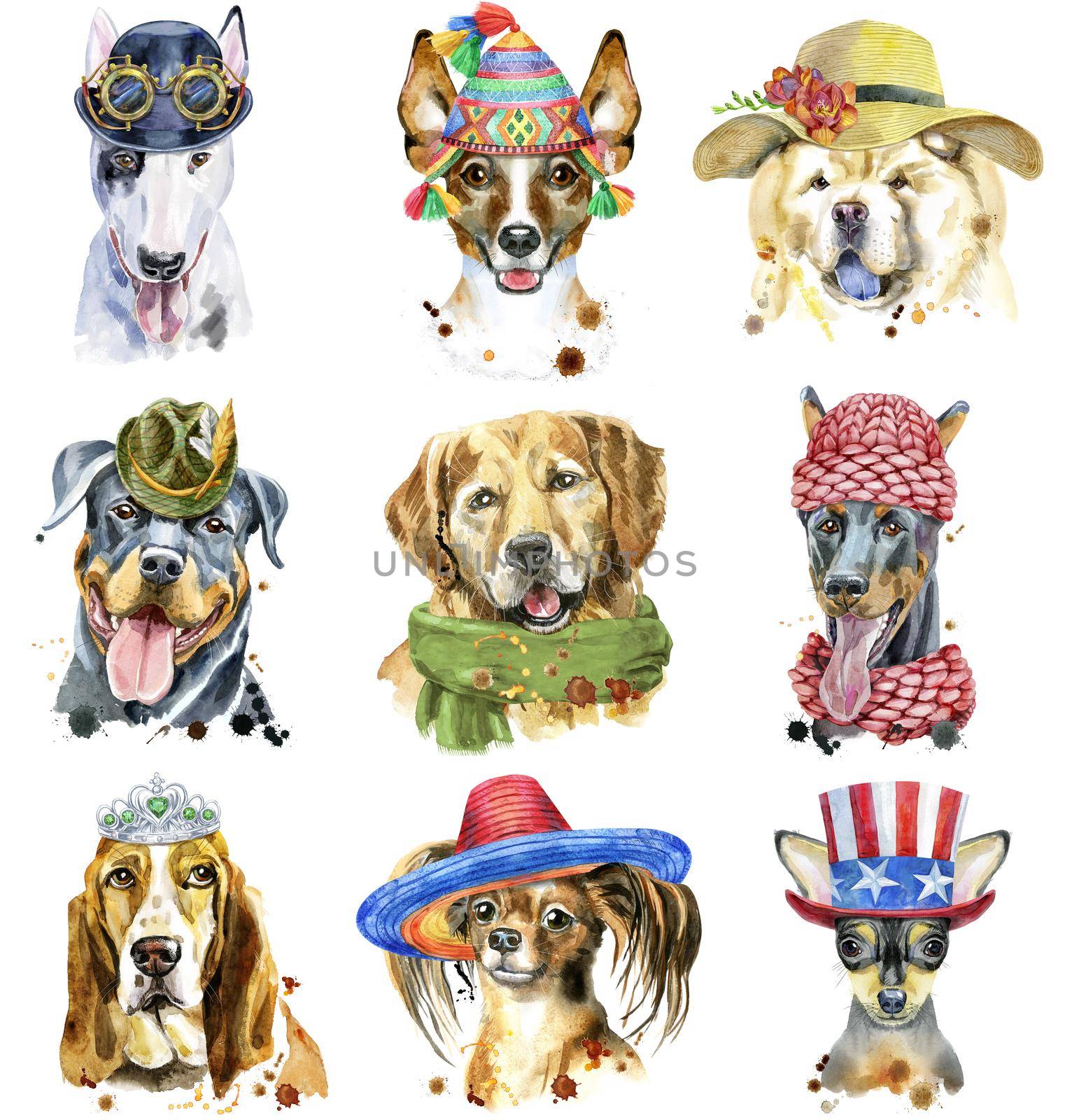 Cute set of watercolor portraits of dogs. For t-shirt graphics. Watercolor dogs illustration