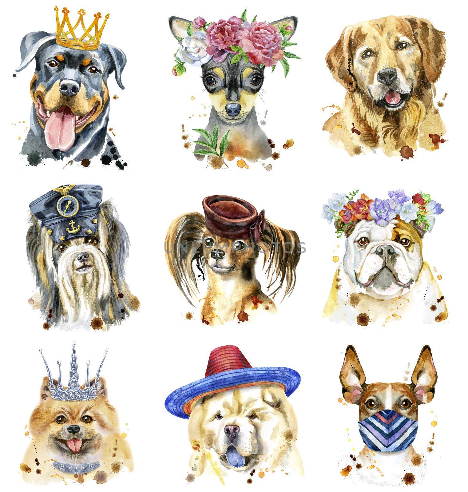 Cute set of watercolor portraits of dogs. For t-shirt graphics. Watercolor dogs illustration