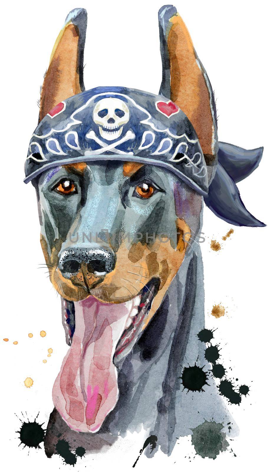 Watercolor portrait doberman wearing biker bandana with a skull by NataOmsk