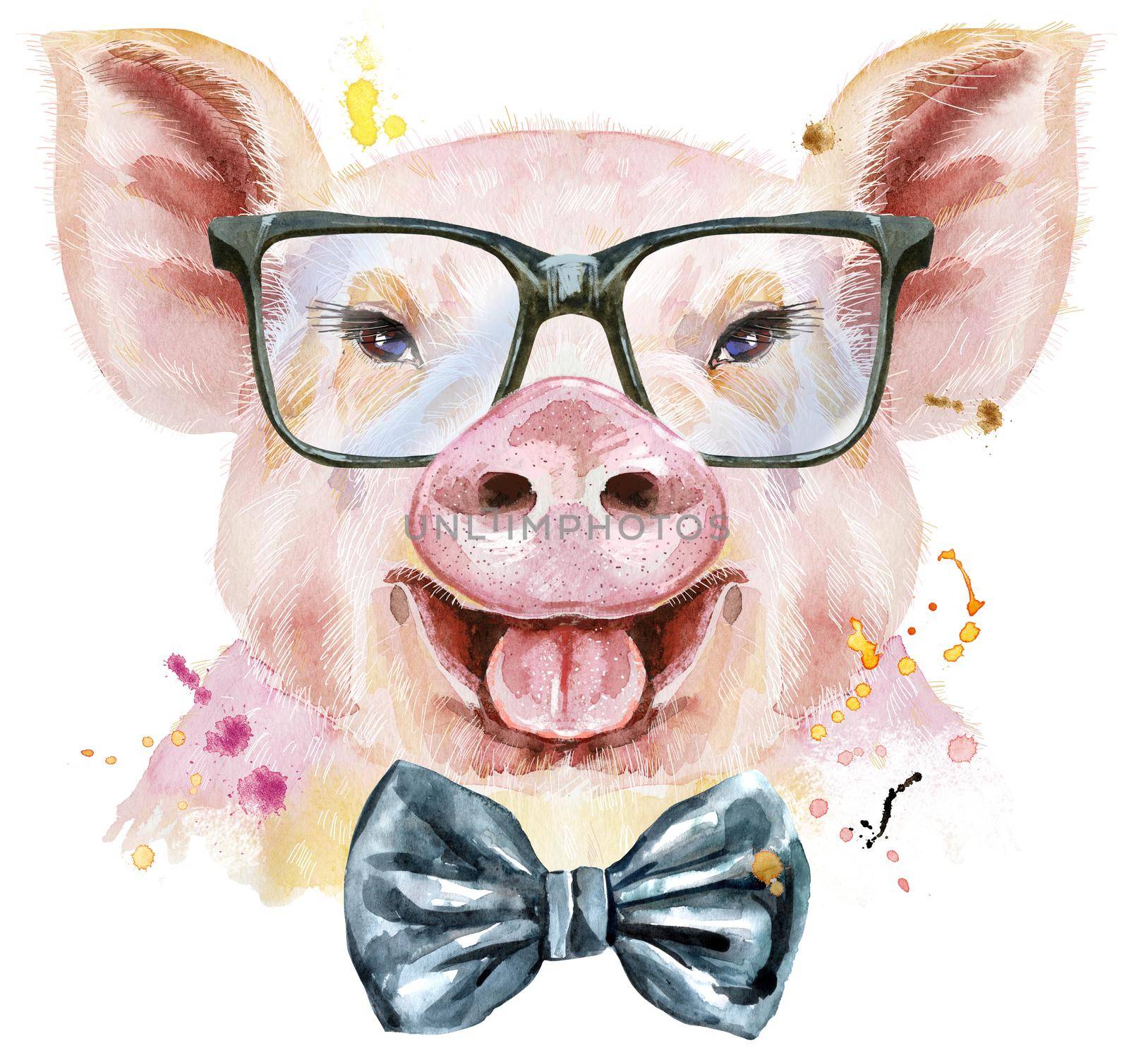Watercolor portrait of pig with bow-tie and glasses by NataOmsk