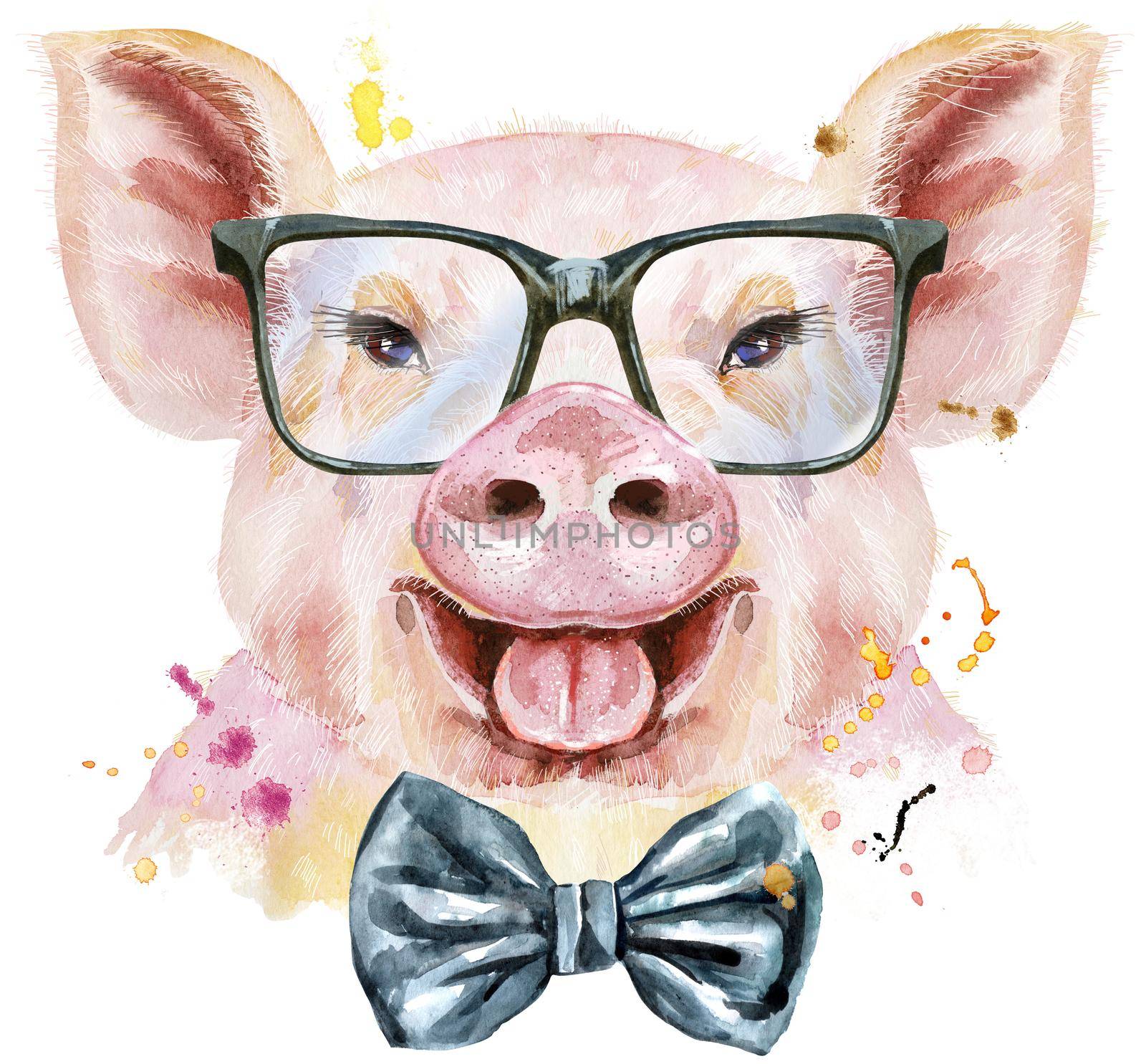 Cute piggy. Pig for T-shirt graphics. Watercolor pink pig with bow-tie and glasses