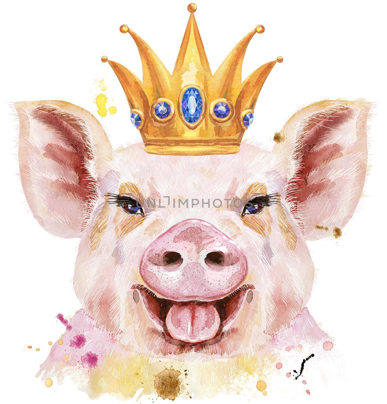 Watercolor portrait of pig with crown. Cute illustration by NataOmsk