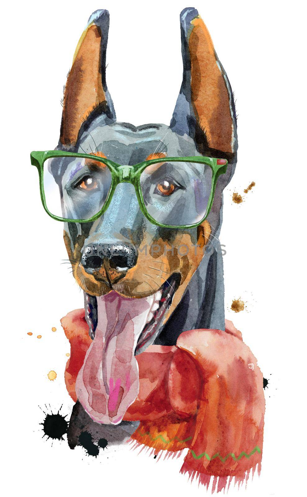 Cute Dog. Dog T-shirt graphics. watercolor doberman illustration with glasses and red scarf