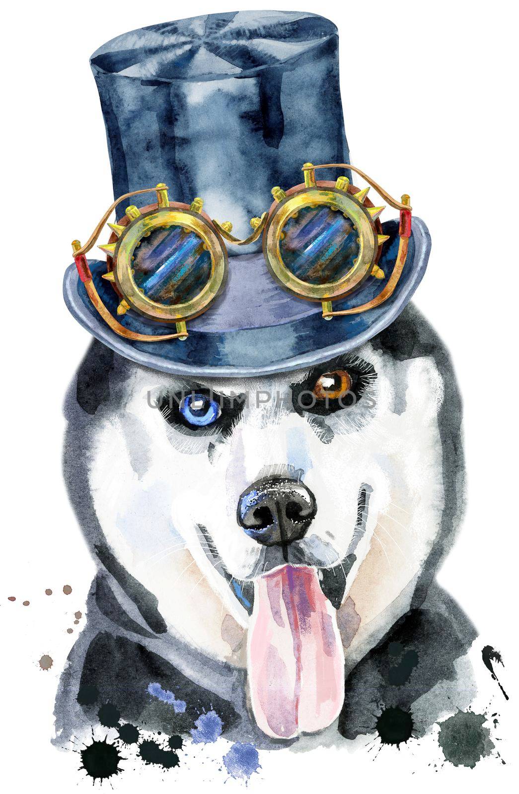 Watercolor portrait of husky with black hat topper and steampunk glasses by NataOmsk