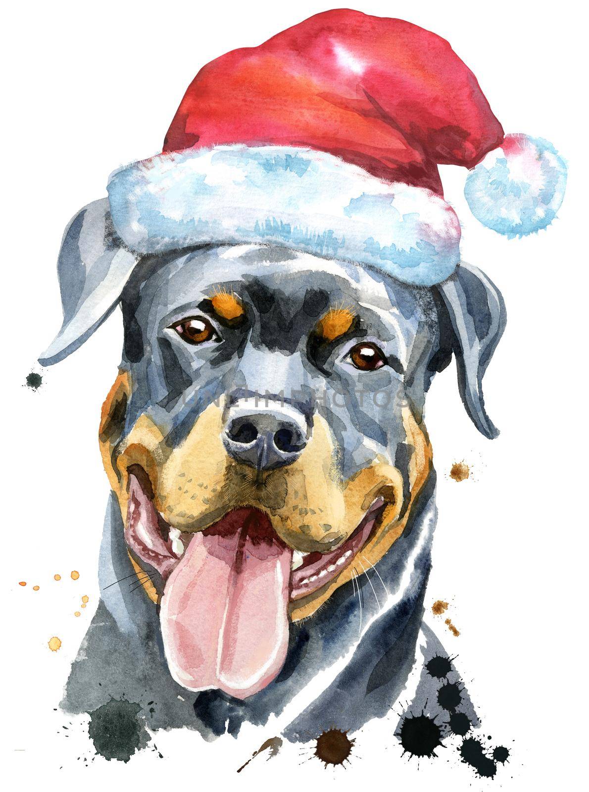 Watercolor portrait of rottweiler with Santa hat by NataOmsk