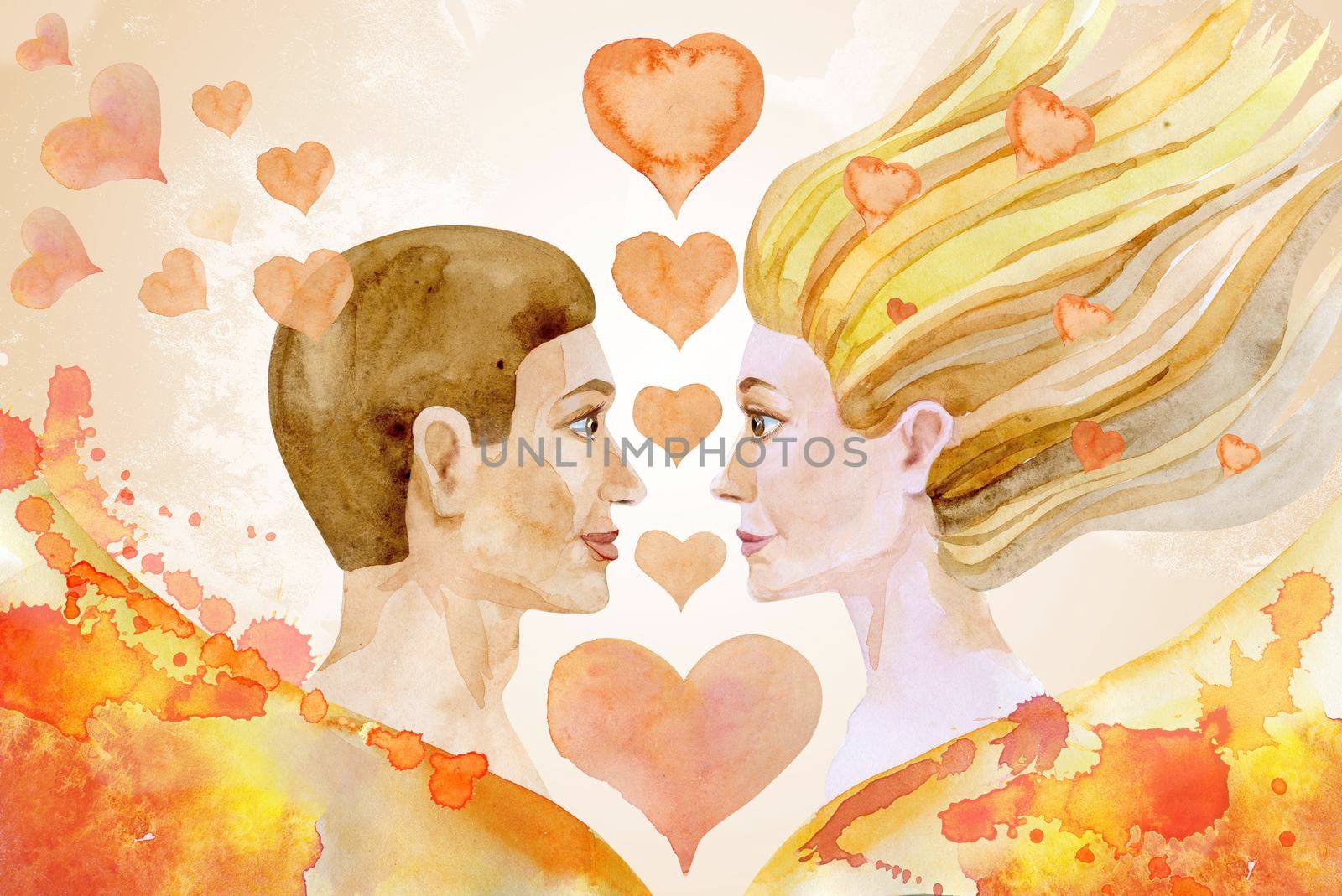 watercolor painting of man and woman with hearts by NataOmsk