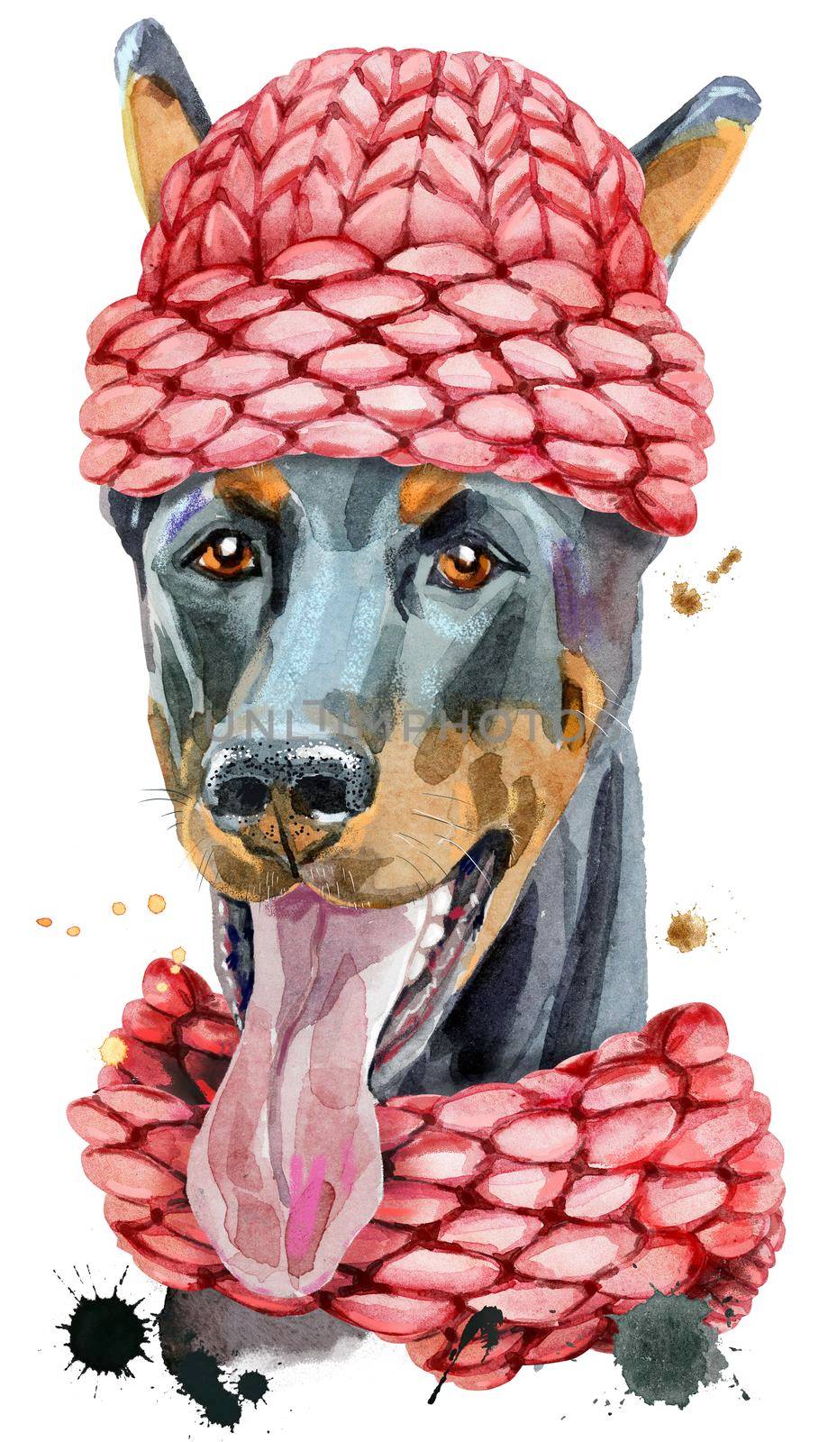 Cute Dog in a knitted hat. Dog T-shirt graphics. watercolor doberman illustration