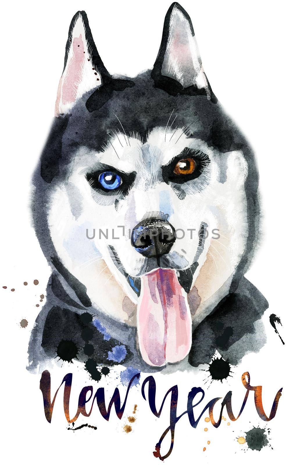Cute Dog. Dog T-shirt graphics. watercolor husky with the inscription New Year
